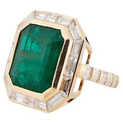 Style Art déco  Bague en or 18k en émeraude naturelle zambienne de haute qualité et diamant