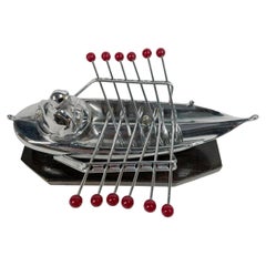 Art Deco Nautical / Fishing Theme Cocktail Pick Holder with 12 Picks