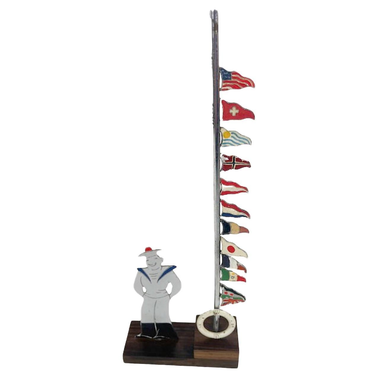 Art Deco Nautical Themed Chrome Drink Markers with Painted Detail Signed Sudre