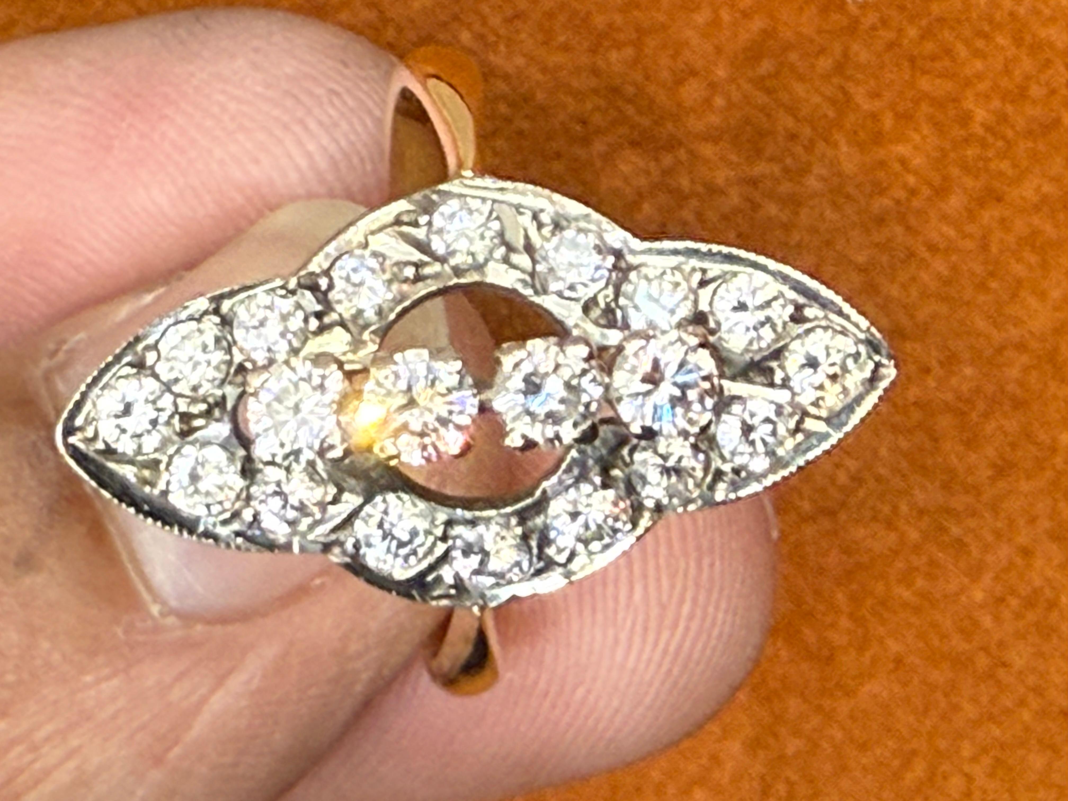 Art Deco Navette Diamond Ring 18k yellow gold & Platinum 13