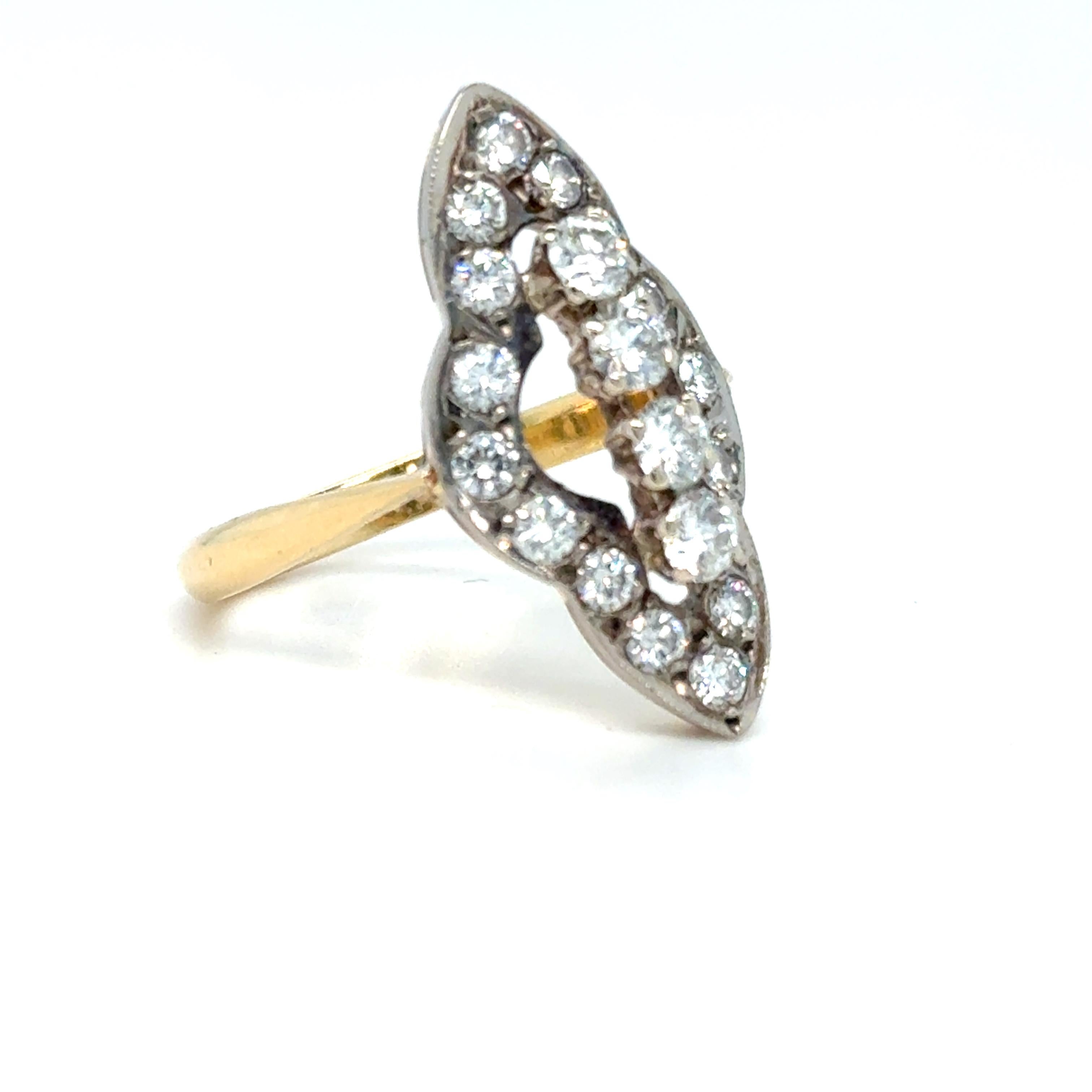 Striking ring features geometric shapes, bold lines, and contrasting materials characteristic of Art Deco jewellery from the 1920s and 1930s.
20 Old European Cut diamonds, totaling 2.40 carats, are set in prongs and pave setting.

Originates from
