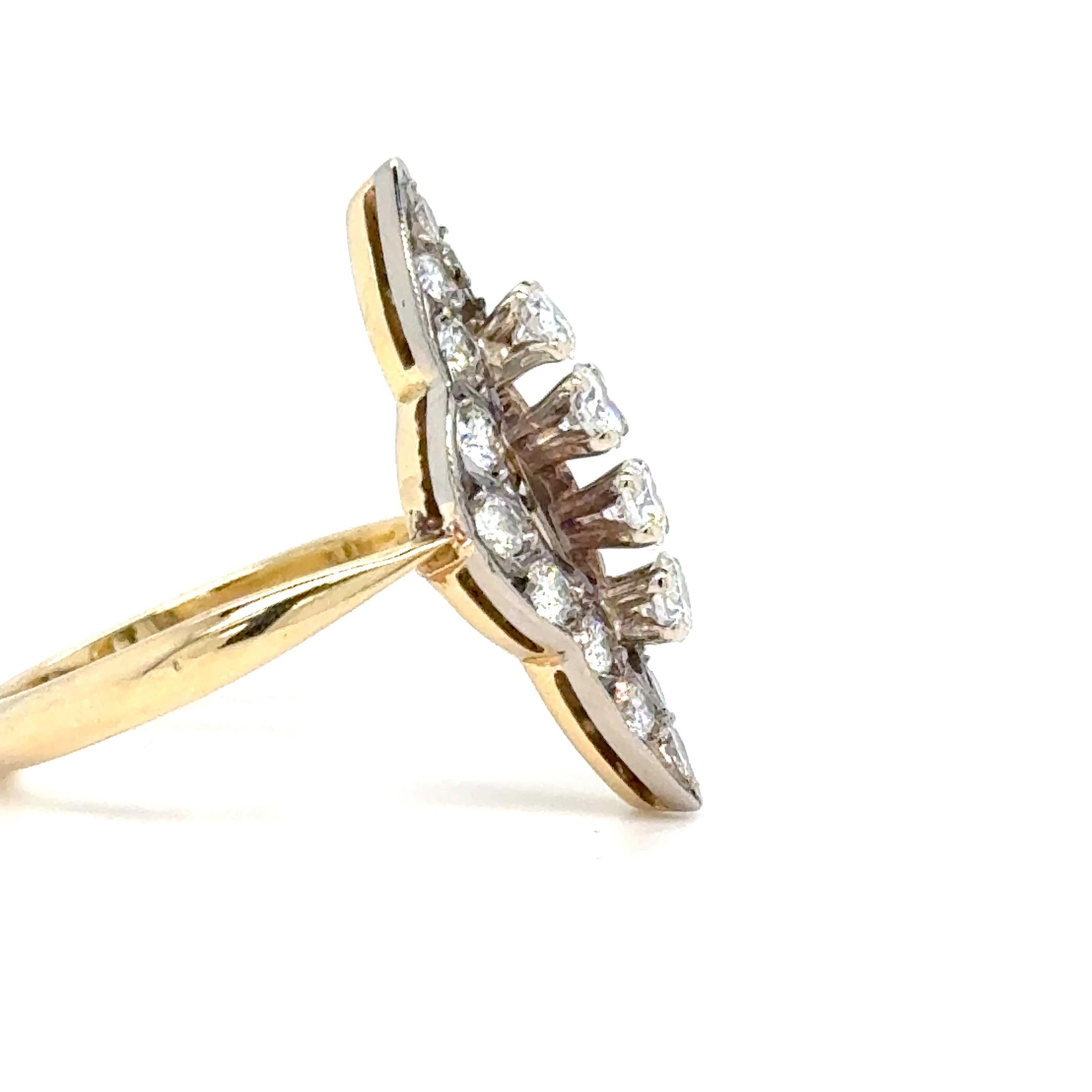 Round Cut Art Deco Navette Diamond Ring 18k yellow gold & Platinum