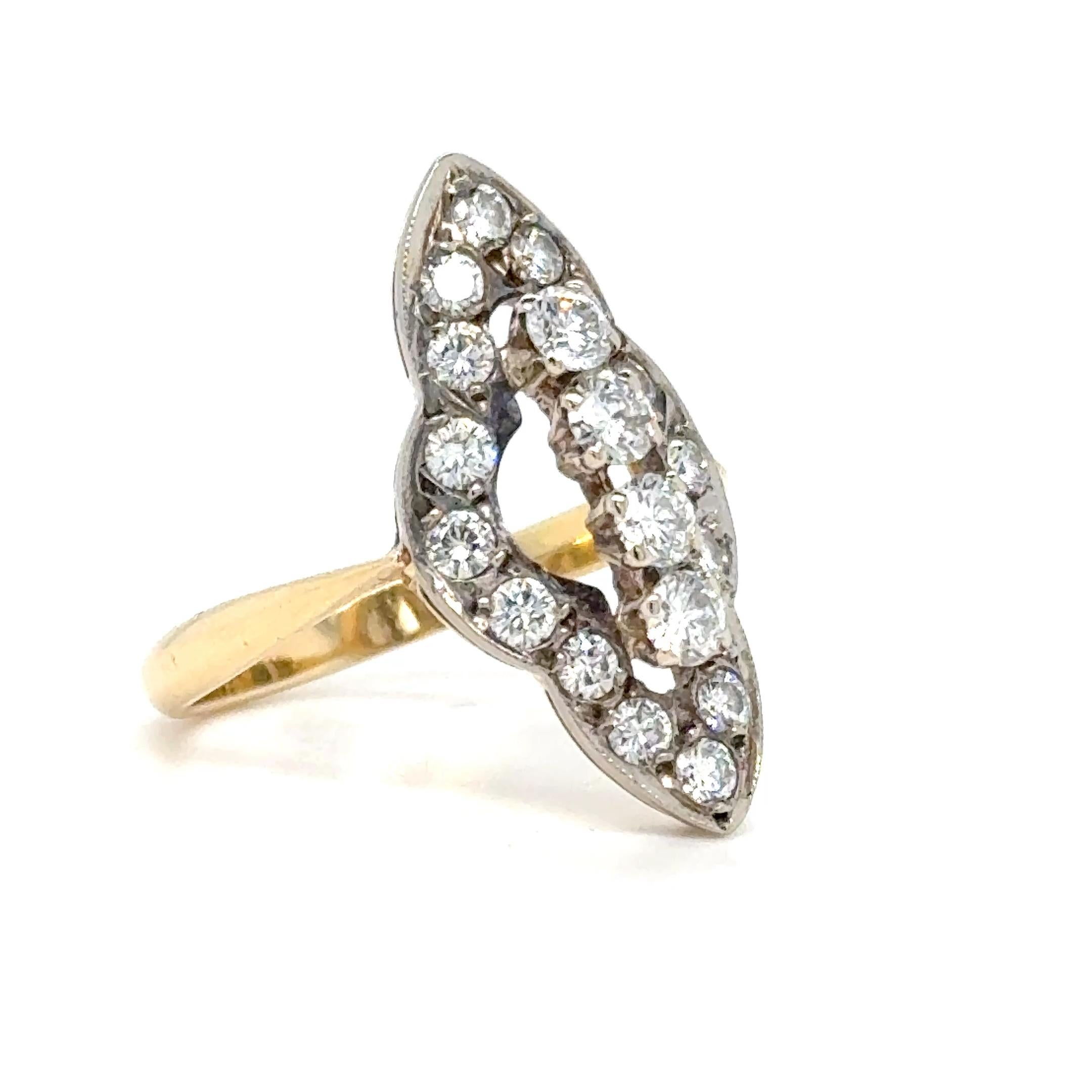 Art Deco Navette Diamond Ring 18k yellow gold & Platinum In Good Condition In London, GB