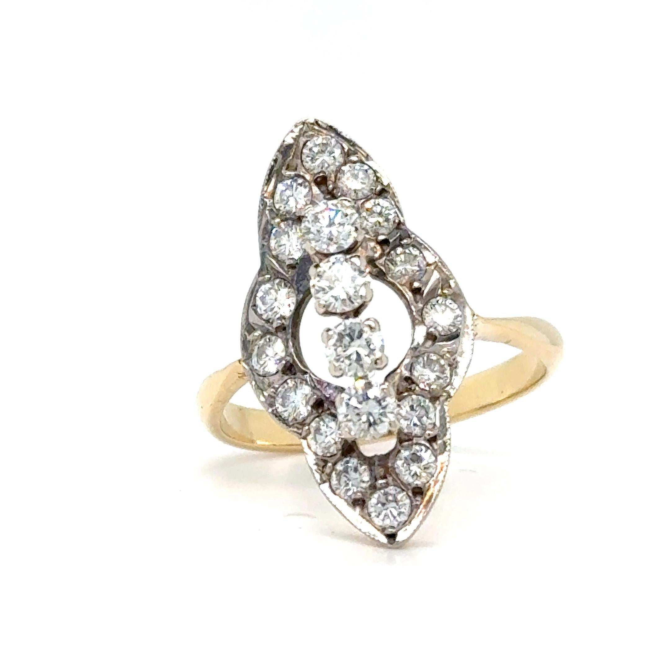 Women's Art Deco Navette Diamond Ring 18k yellow gold & Platinum