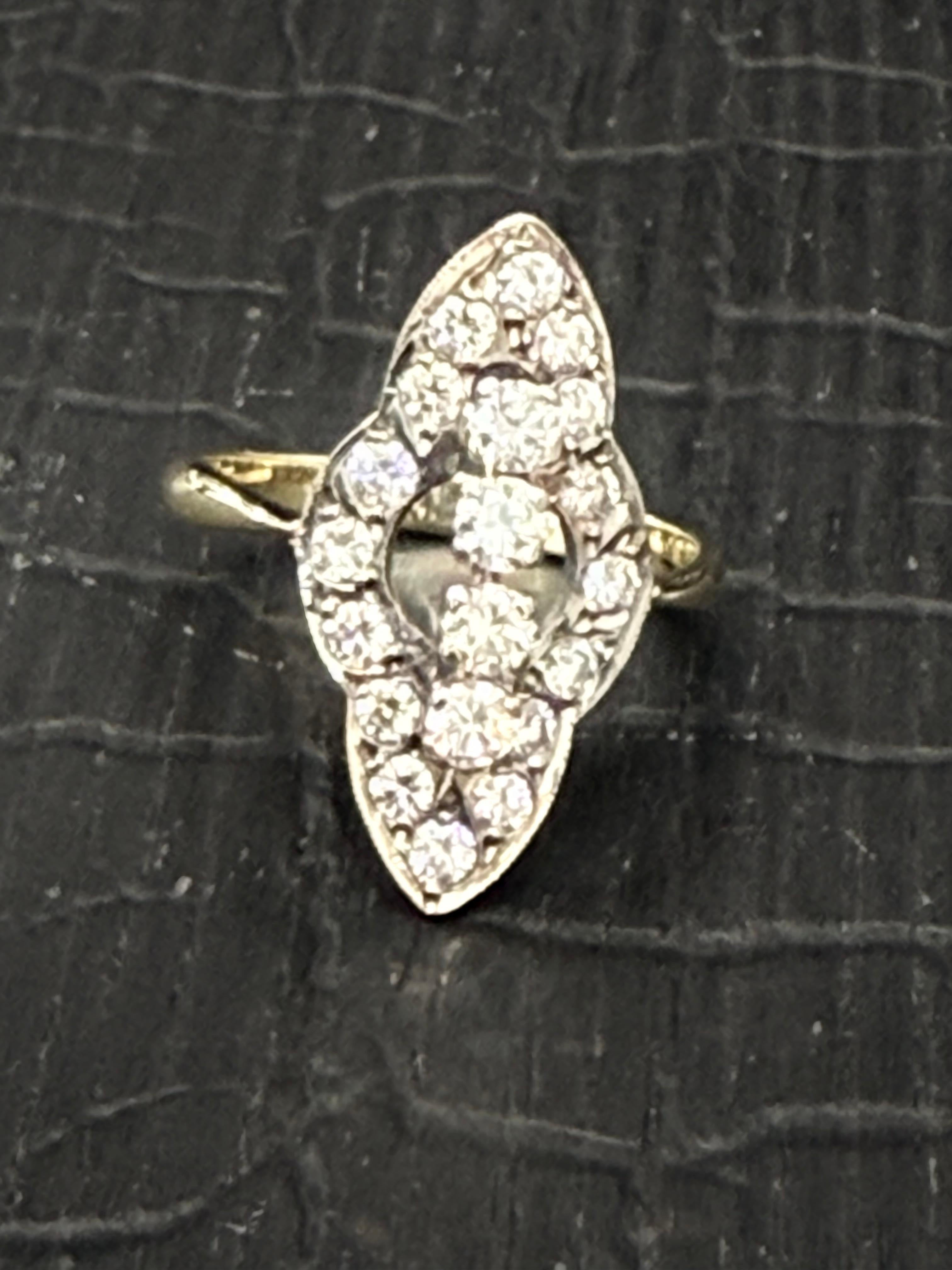 Art Deco Navette Diamond Ring 18k yellow gold & Platinum 4