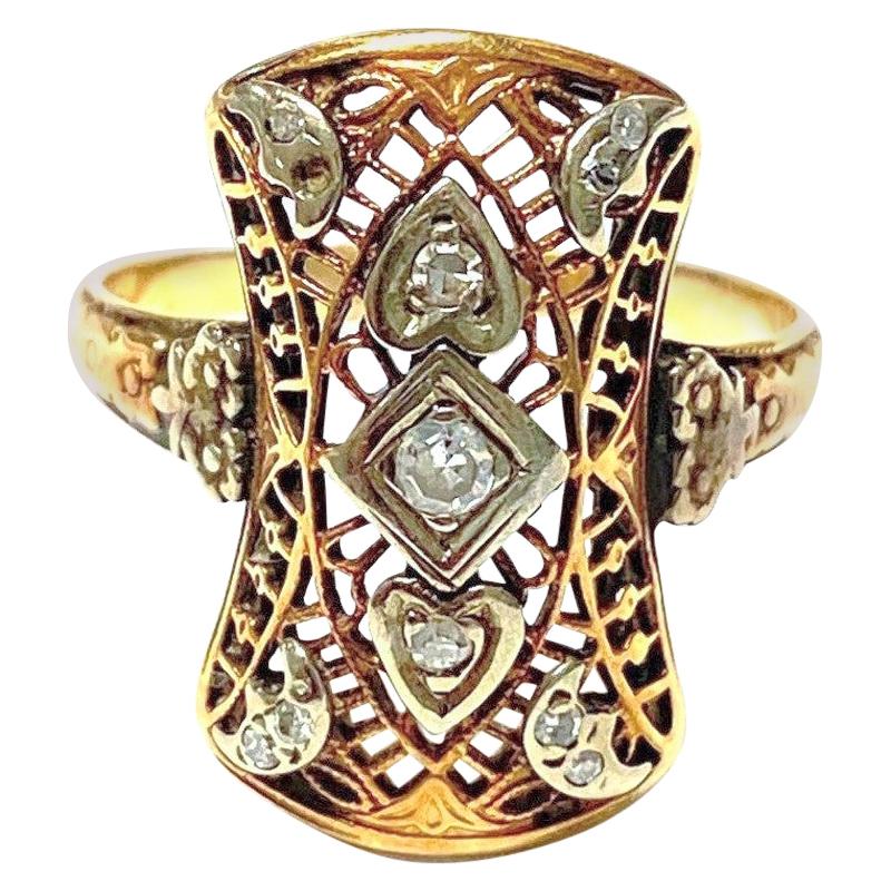 Art Deco Style Navette Diamond Shield Cocktail Ring 14 Karat Gold