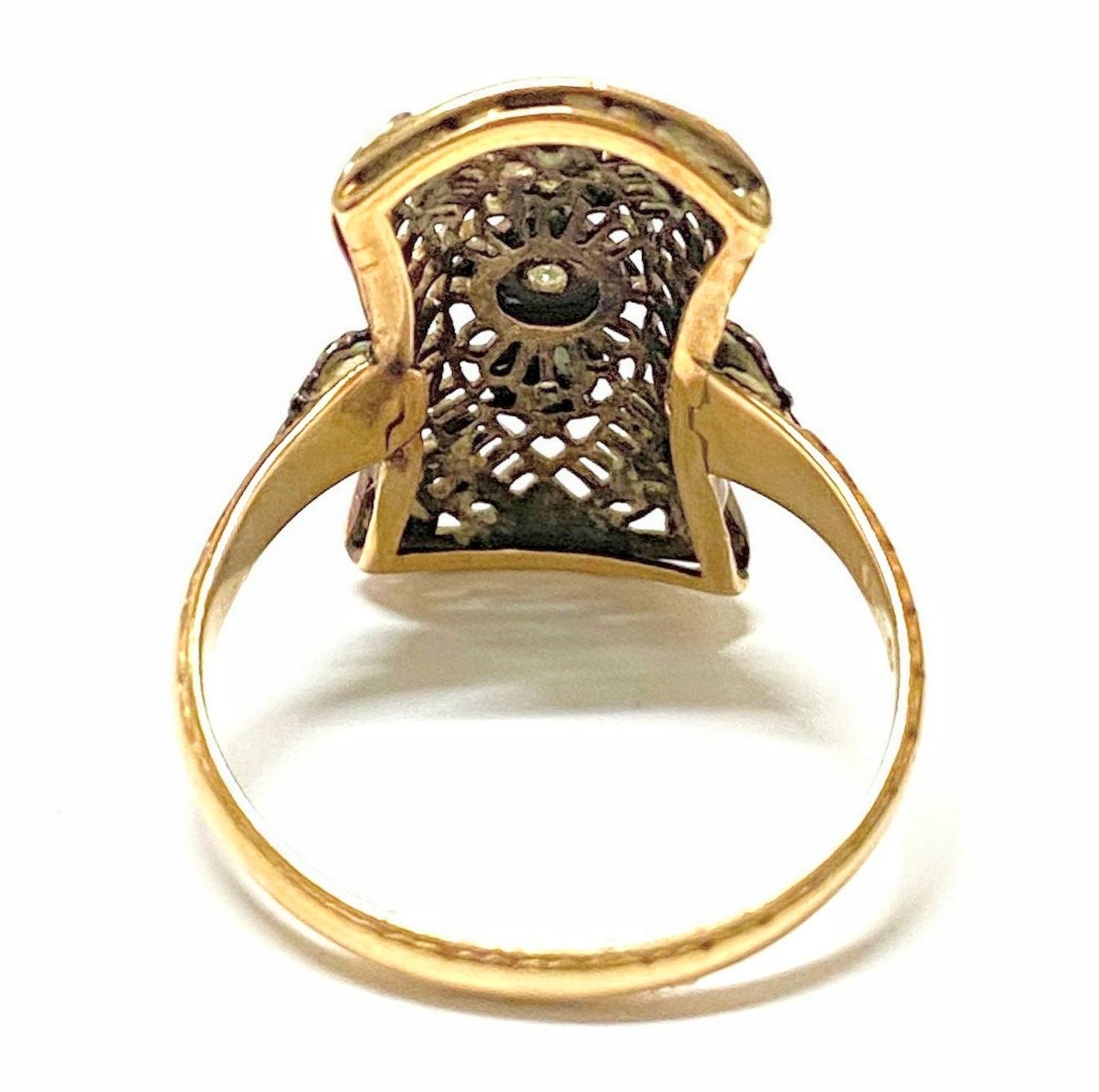 Art Deco Style Navette Diamond Shield Cocktail Ring 14K Yellow & White Gold Size 6

Metal: 14k Gold
Weight: 2.32 grams
Diamonds: 10 single cut round diamonds, approx .07 ctw H-I VS 
Size: 6
Ring top measures approx. 18mm x 10.7mm
Band measures 1.9mm