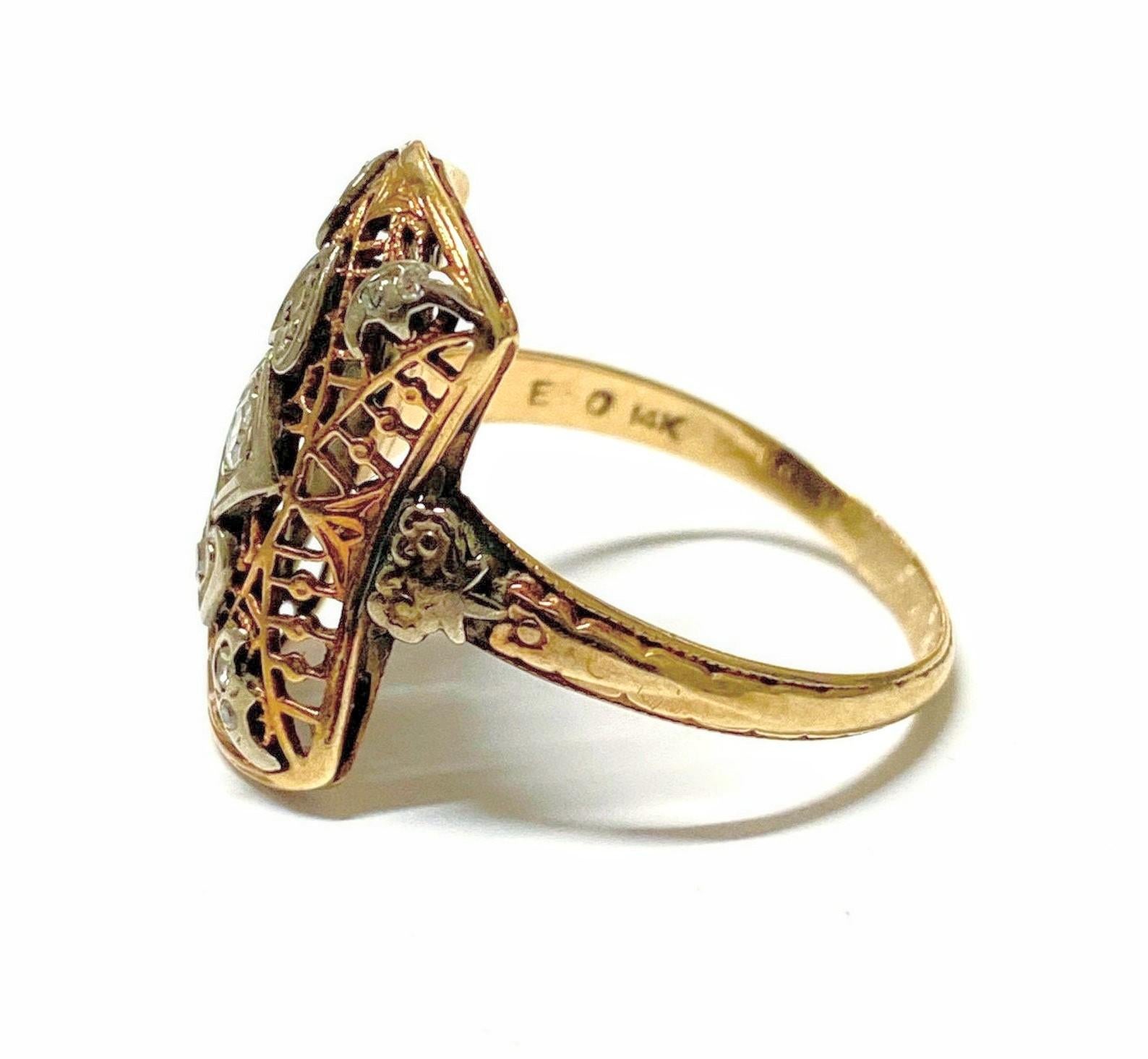 Single Cut Art Deco Style Navette Diamond Shield Cocktail Ring 14 Karat Gold