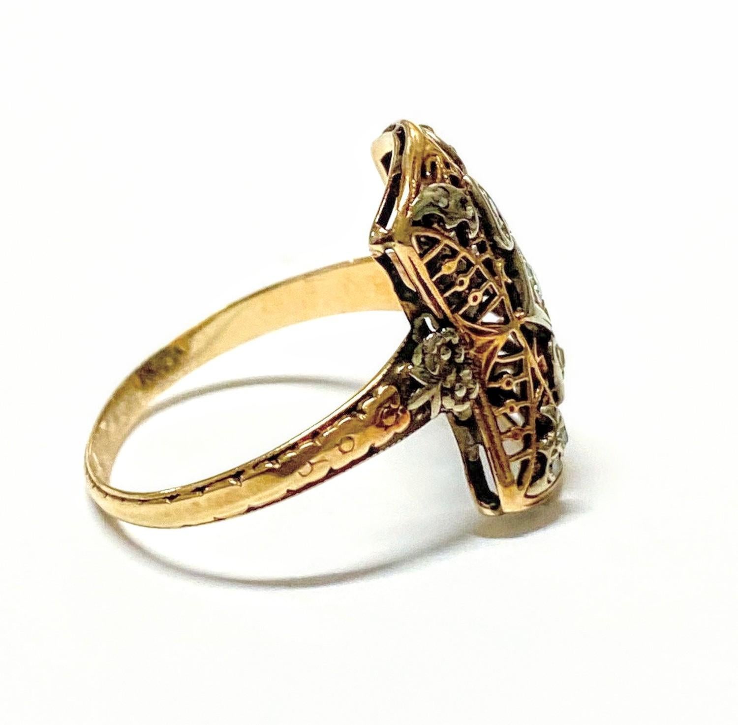 Art Deco Style Navette Diamond Shield Cocktail Ring 14 Karat Gold In Good Condition In  Baltimore, MD