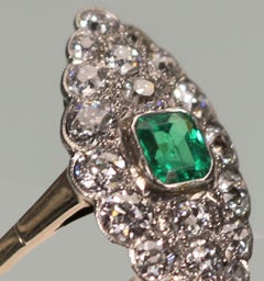 Art Deco Navette Shuttle 14K White Gold Ring with Greenfire Emerald and Diamonds