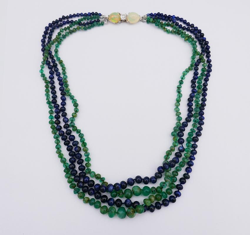 Mixed Cut Art Deco Necklace Emerald Sapphire Bead with Diamond Opal Platinum Clasp For Sale