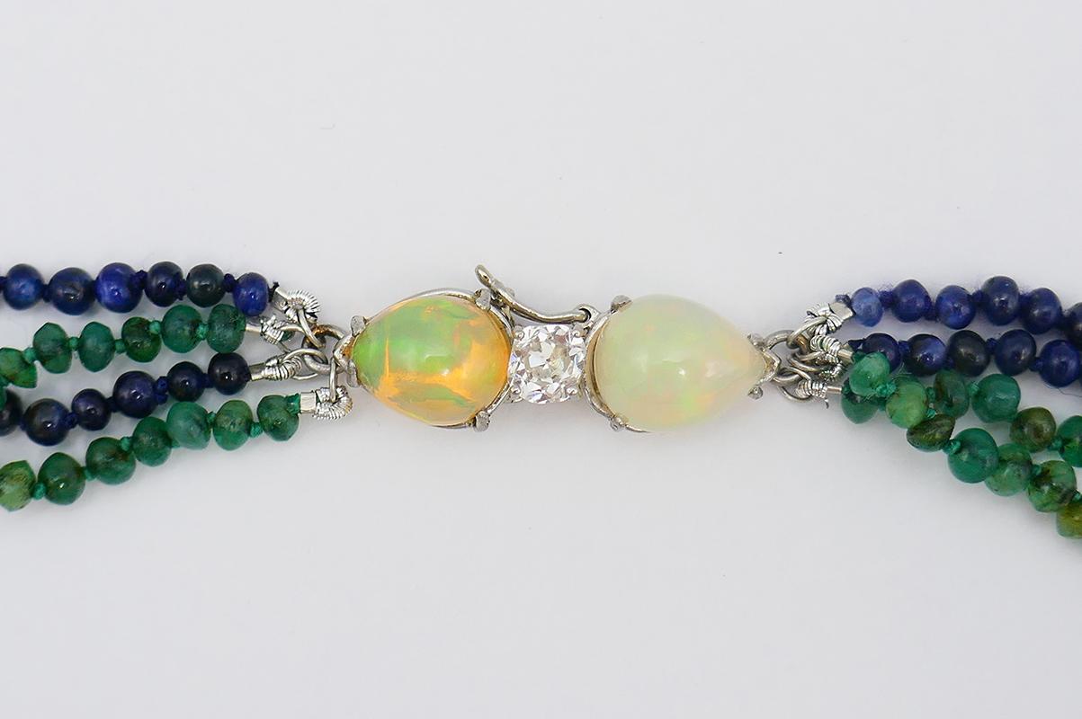 Art Deco Necklace Emerald Sapphire Bead with Diamond Opal Platinum Clasp In Good Condition For Sale In Beverly Hills, CA