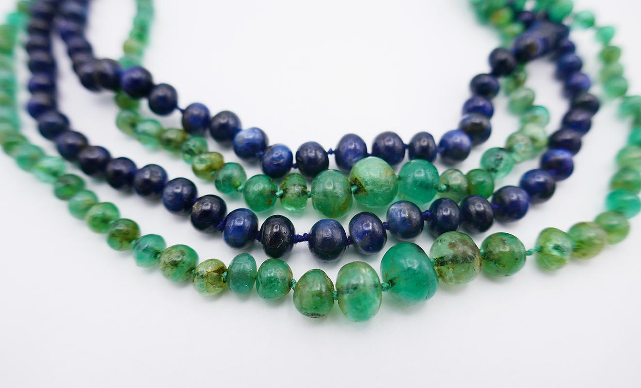 Art Deco Necklace Emerald Sapphire Bead with Diamond Opal Platinum Clasp For Sale 2