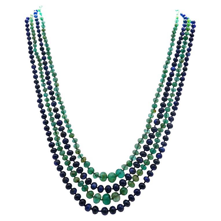 Art Deco Necklace Emerald Sapphire Bead with Diamond Opal Platinum Clasp For Sale