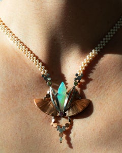 Art Deco Necklace in Rose Gold with Opal and Diamonds on Pearl Necklaces