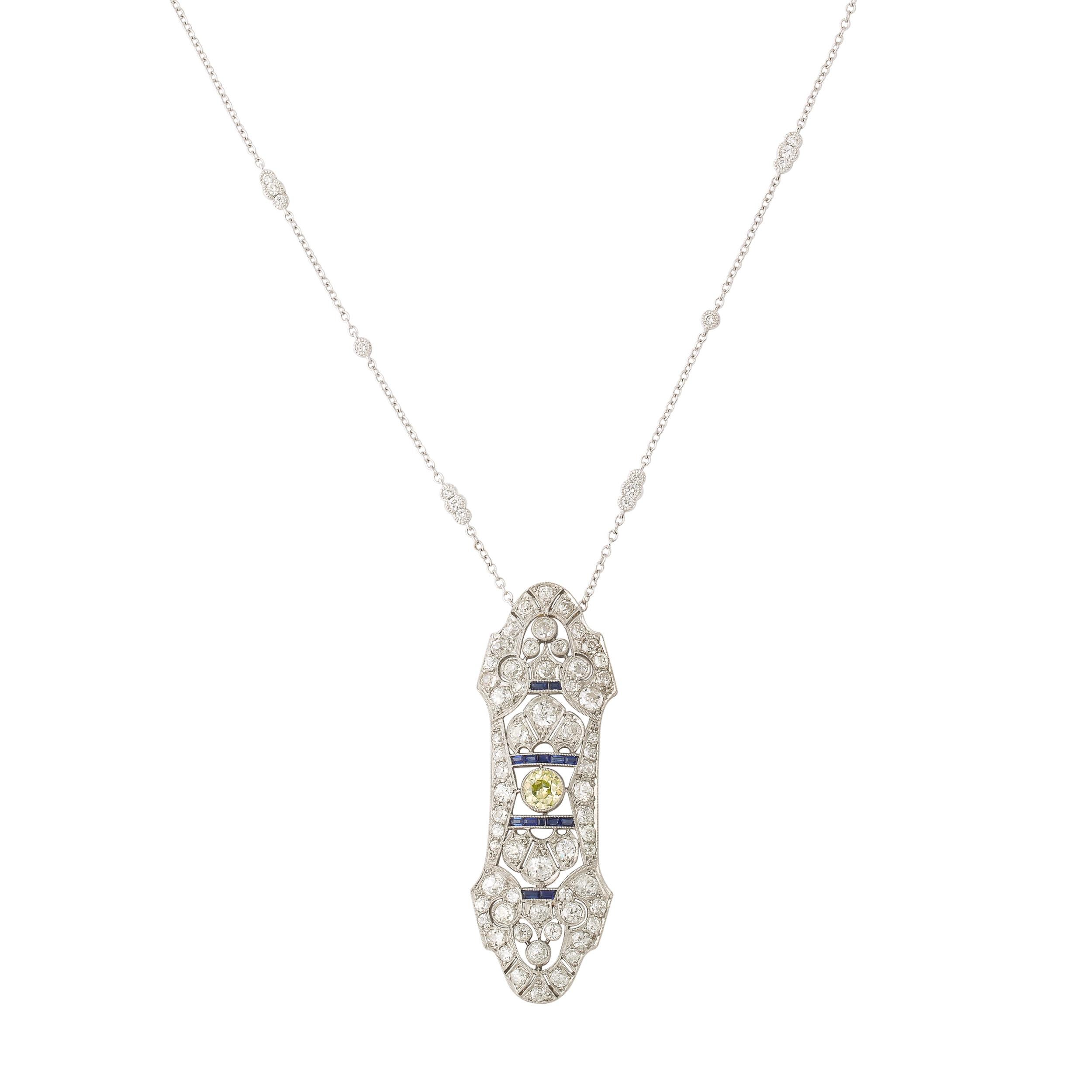 Round Cut Art Deco Necklace in White Gold, Yellow Diamond, Diamonds, & Sapphires For Sale