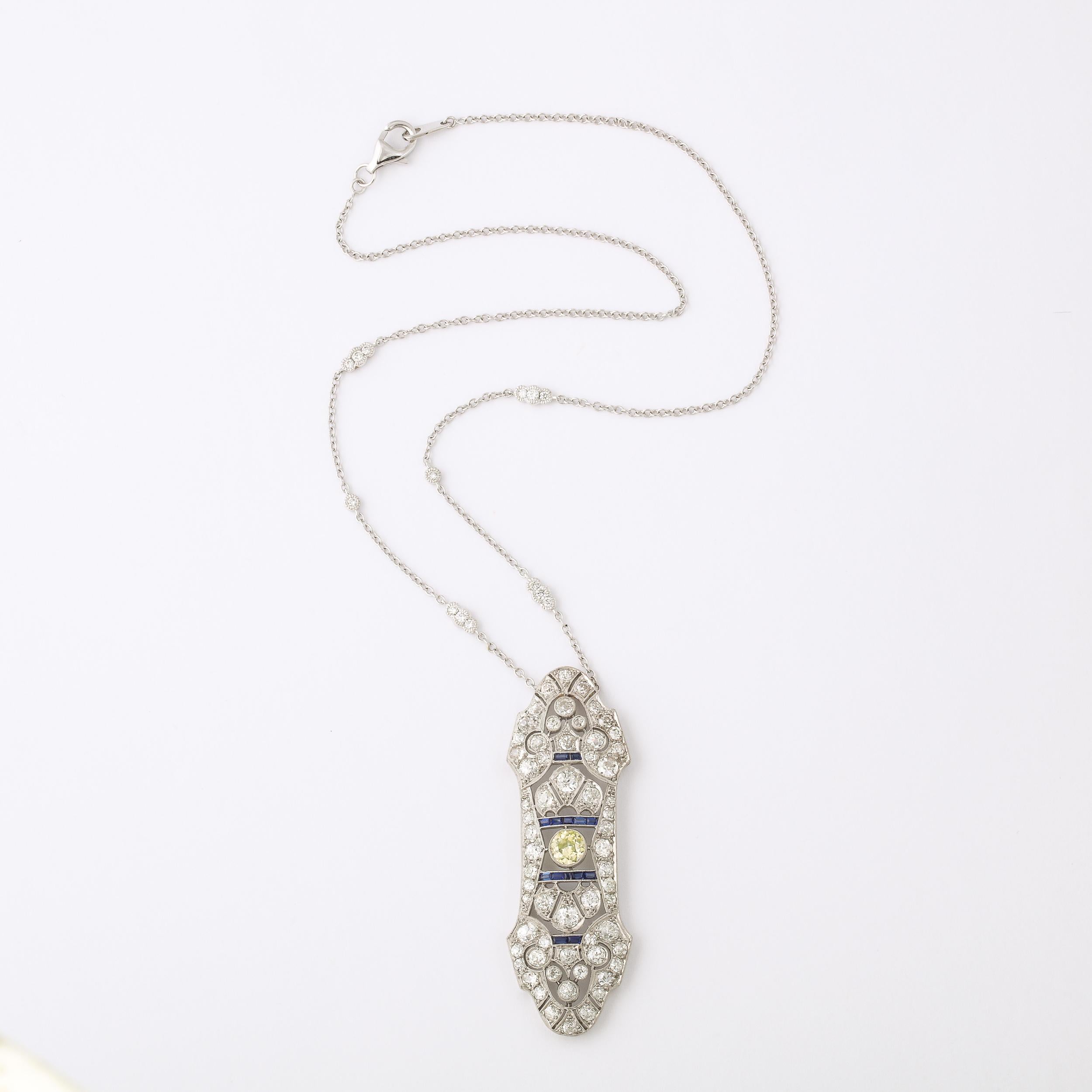 Art Deco Necklace in White Gold, Yellow Diamond, Diamonds, & Sapphires In Excellent Condition For Sale In New York, NY
