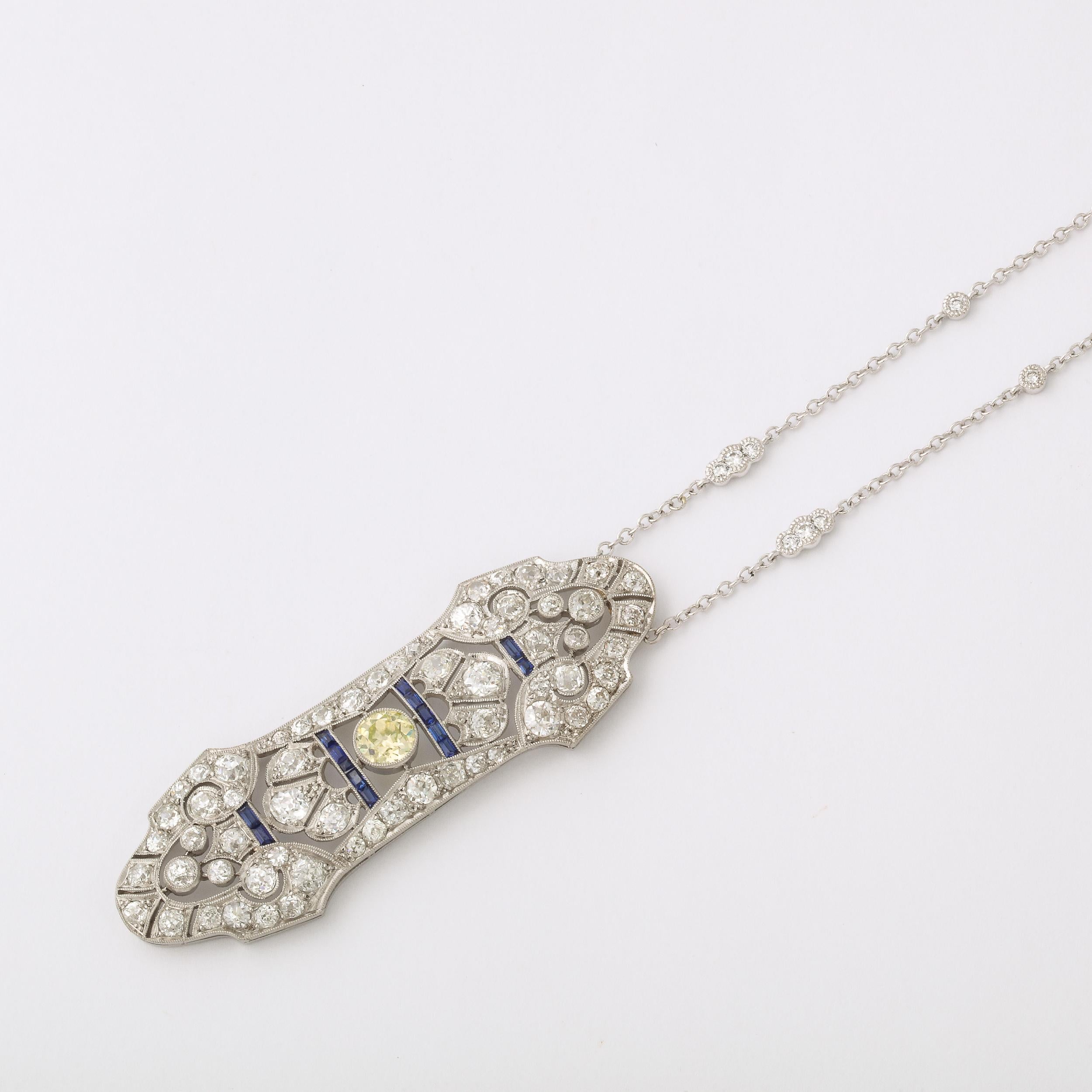 Women's Art Deco Necklace in White Gold, Yellow Diamond, Diamonds, & Sapphires For Sale