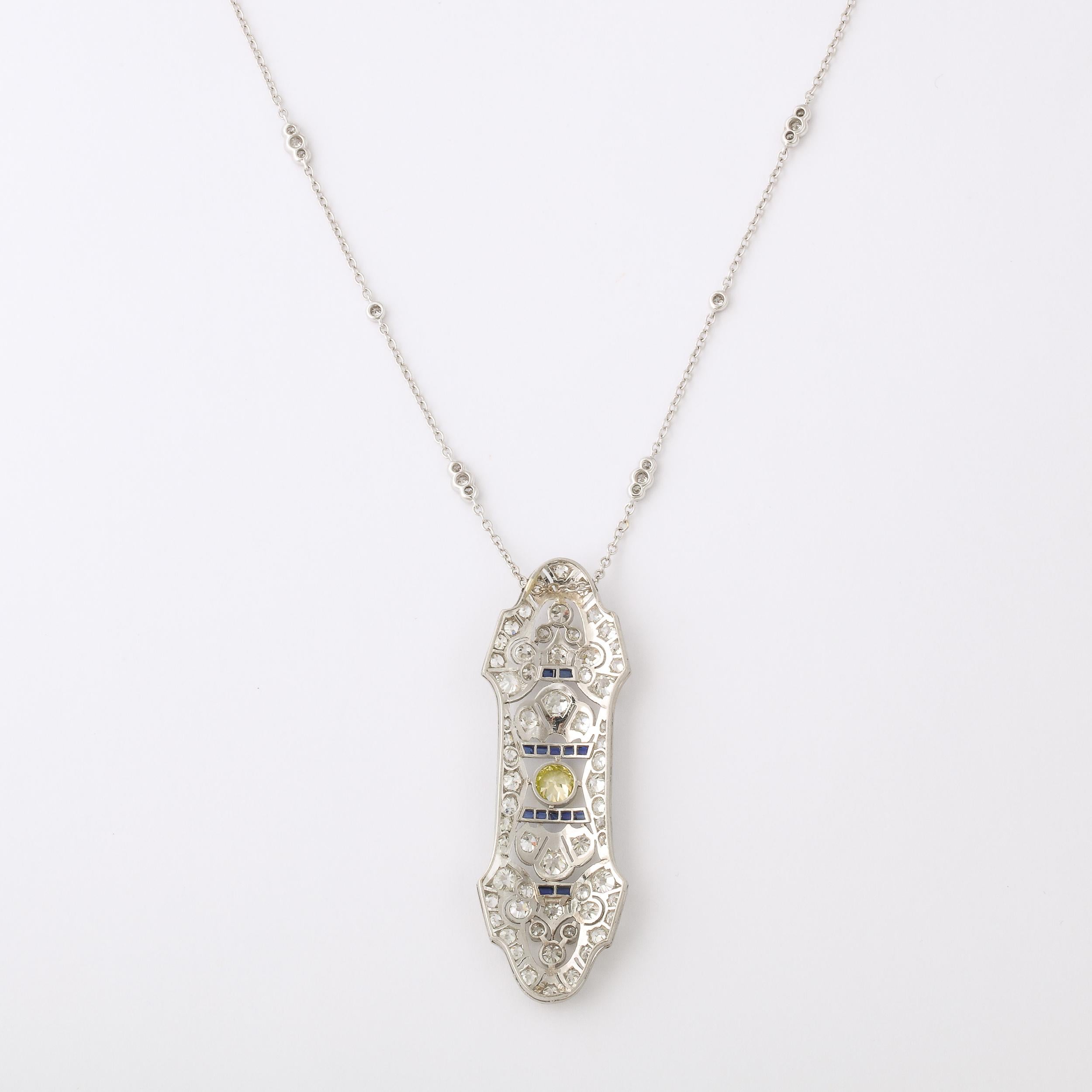 Art Deco Necklace in White Gold, Yellow Diamond, Diamonds, & Sapphires For Sale 1