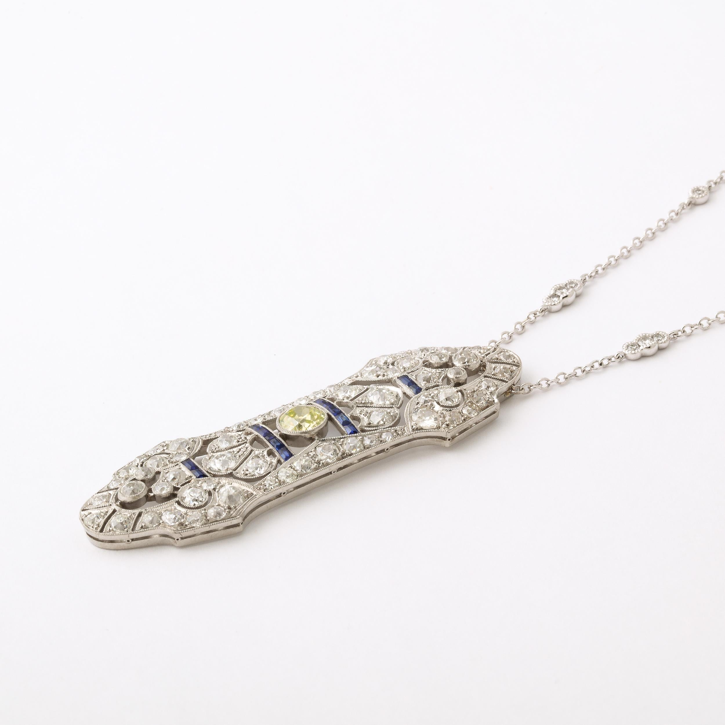 Art Deco Necklace in White Gold, Yellow Diamond, Diamonds, & Sapphires For Sale 2
