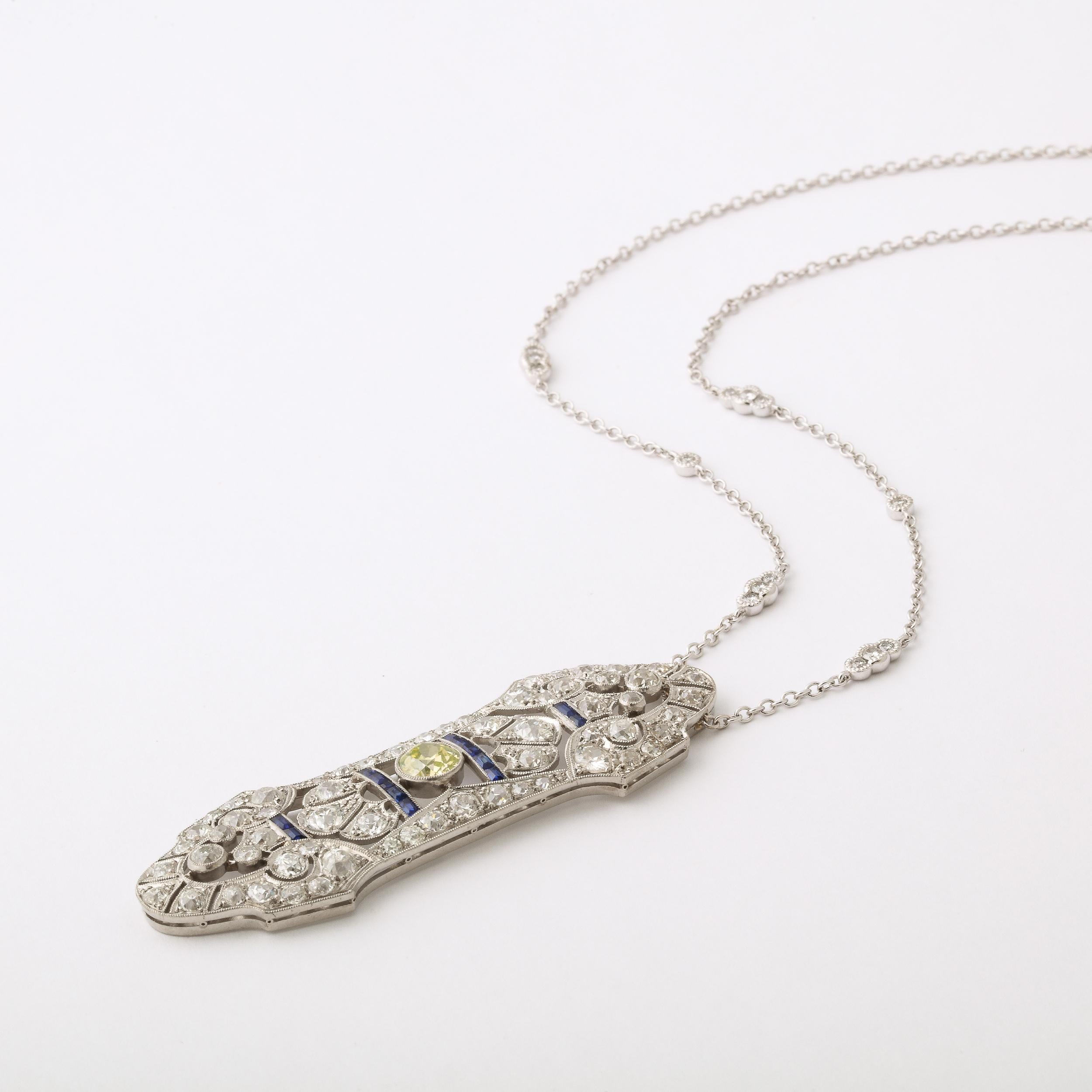 Art Deco Necklace in White Gold, Yellow Diamond, Diamonds, & Sapphires For Sale 3