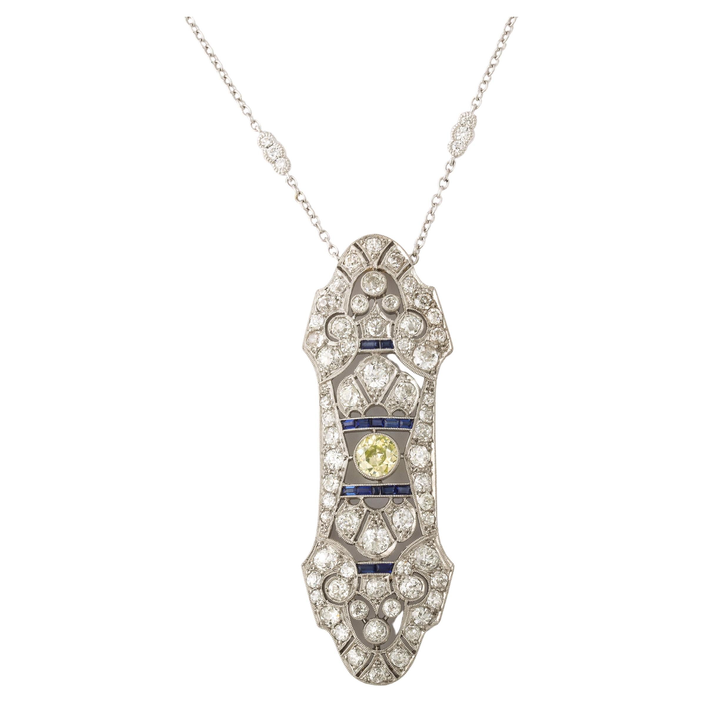 Art Deco Necklace in White Gold, Yellow Diamond, Diamonds, & Sapphires For Sale