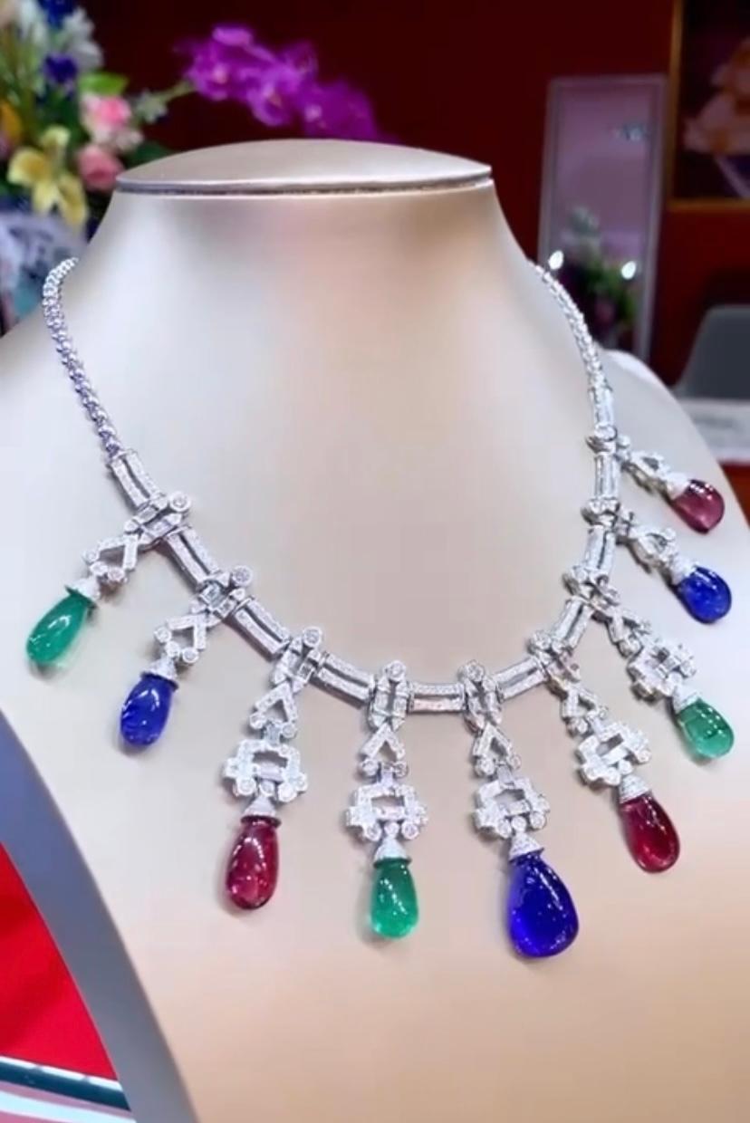 Women's Art Deco Necklace 103.48 carats Emeralds, Tanzanites, Tourmalines, Diamonds