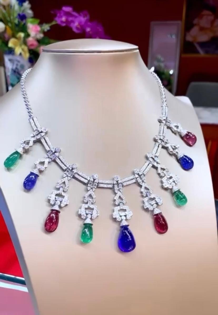 AIG Certified  103.40 Carats Emeralds Tanzanites  Tourmalines  Diamonds Necklace For Sale 1