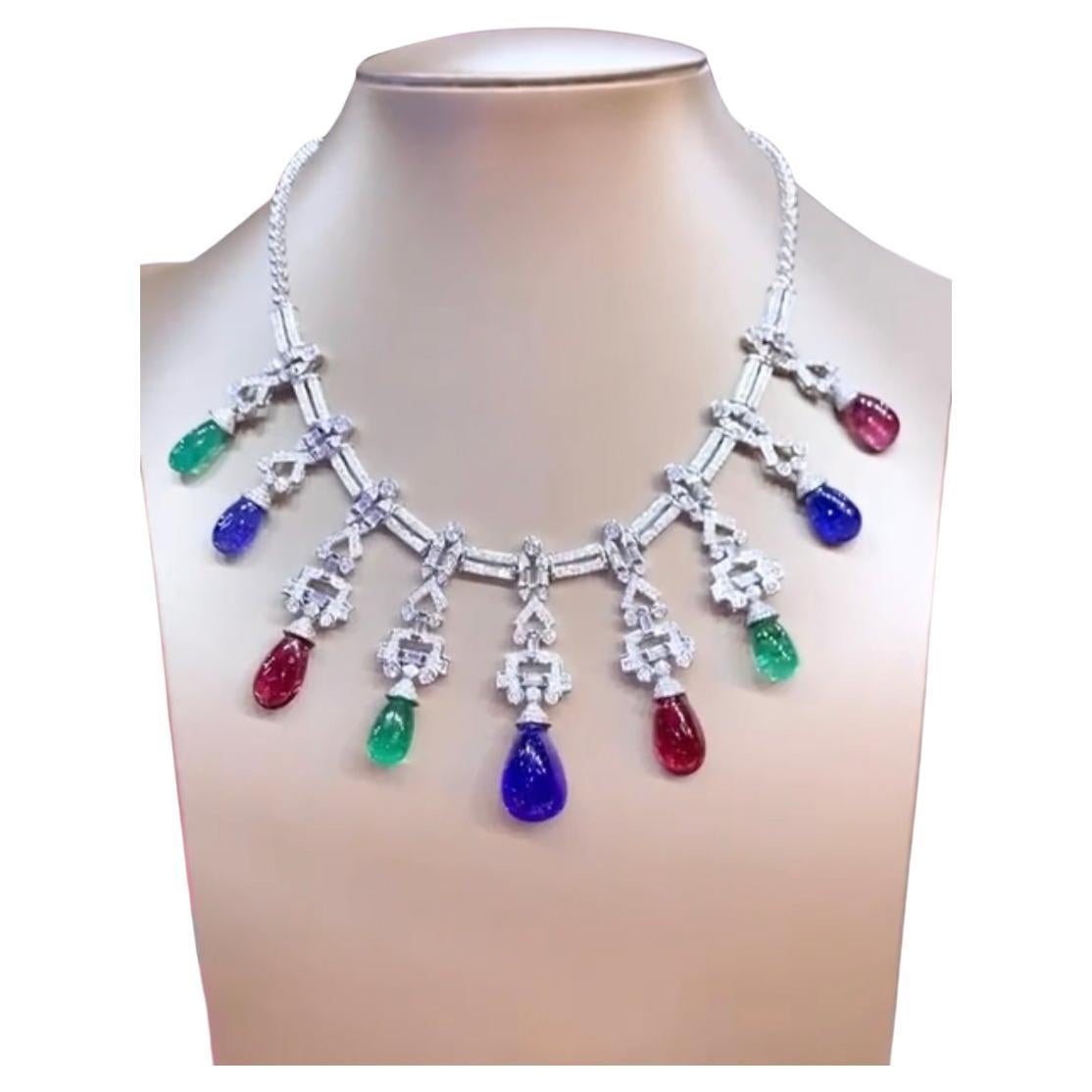 Art Deco Necklace 103.48 carats Emeralds, Tanzanites, Tourmalines, Diamonds