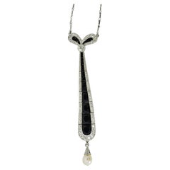 Used Art Deco Necklace of Platinum, Diamond, Natural Pearl & Fancy cut Onyx, c. 1920