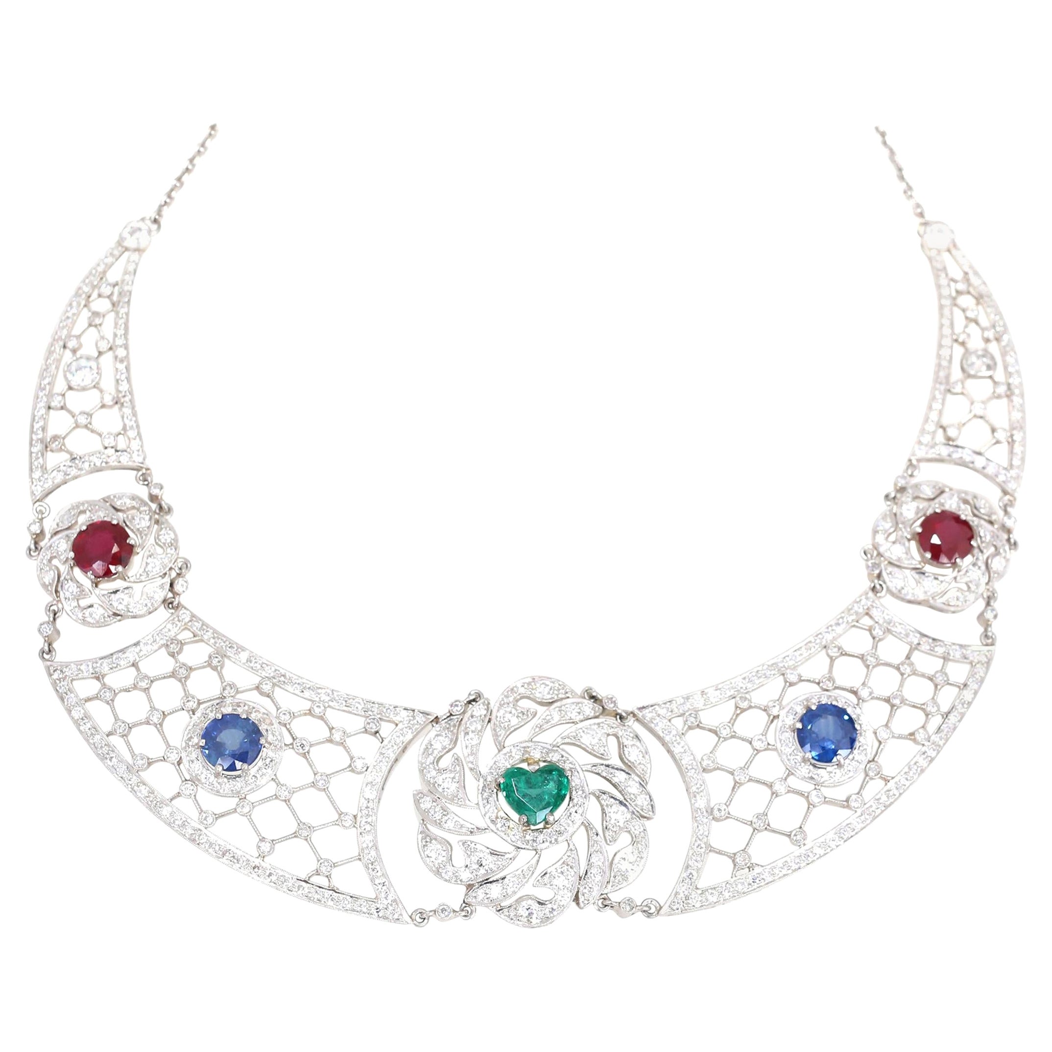 Necklace Platinum Heart-Shaped Emerald Sapphires Rubies Diamond, 1930