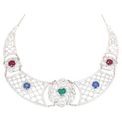 Antique Necklace Platinum Heart-Shaped Emerald Sapphires Rubies Diamond, 1930