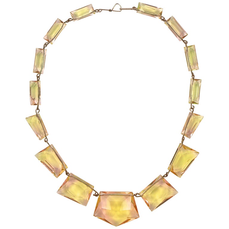 Art Deco Necklace Shell Pink and Light Yellow Uranium Glass on