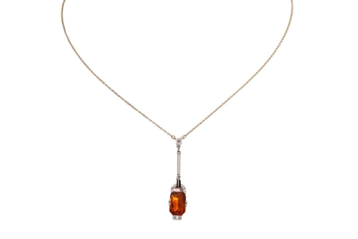 Collana Art Deco con citrino, diamanti e smalto In condizioni buone in vendita a Chorzów, PL