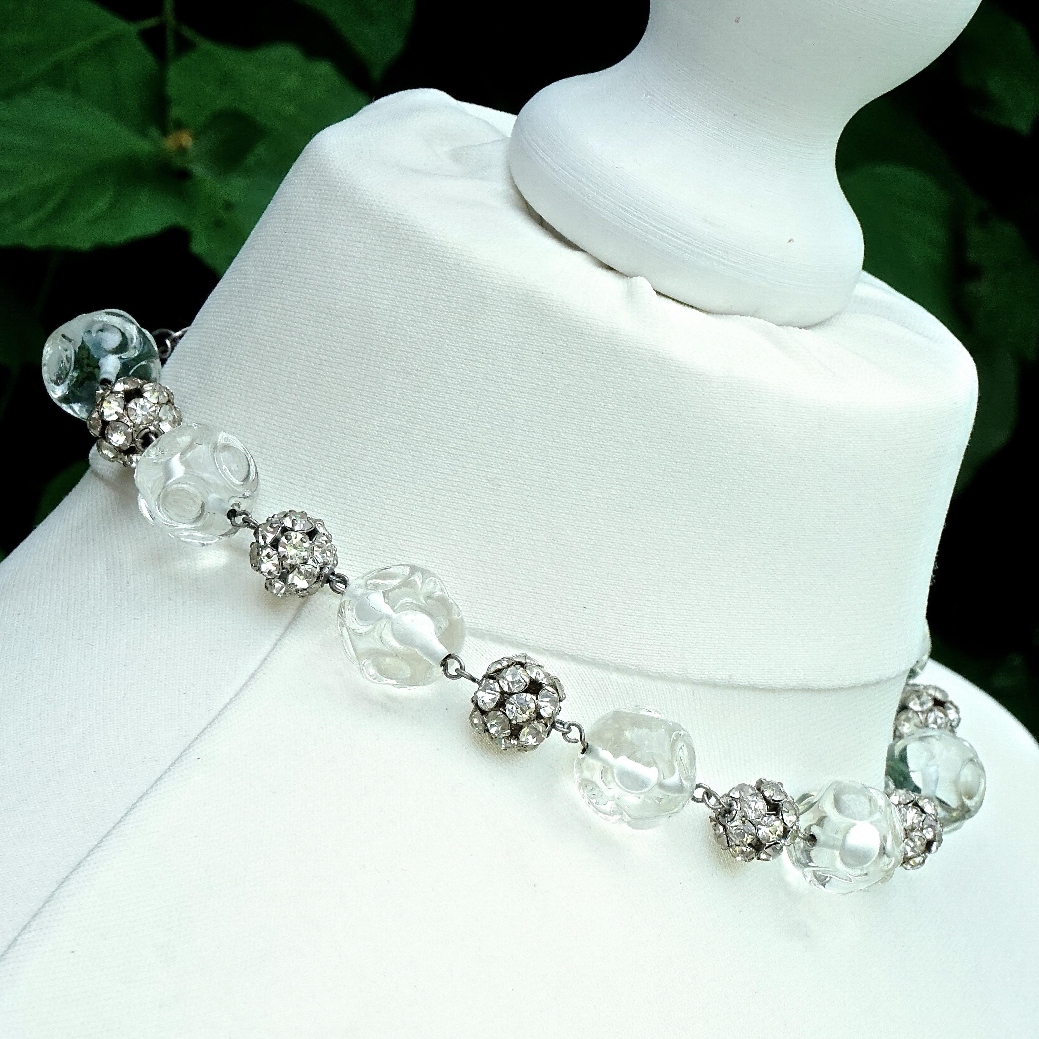 Women's or Men's Art Deco Necklace with Clear Glass and Rhinestone Ball Beads on Silver Tone Wire For Sale