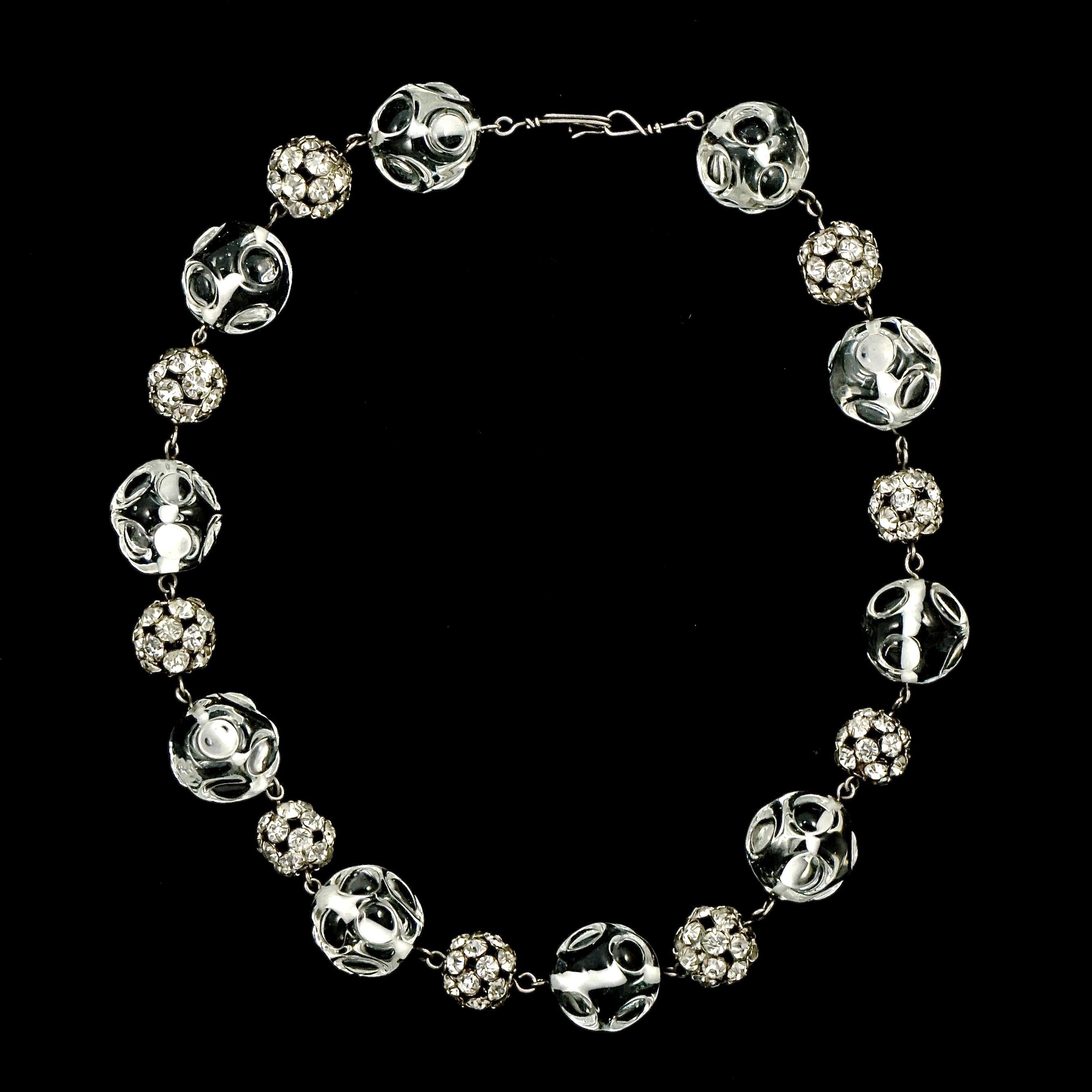 Art Deco Necklace with Clear Glass and Rhinestone Ball Beads on Silver Tone Wire For Sale 2