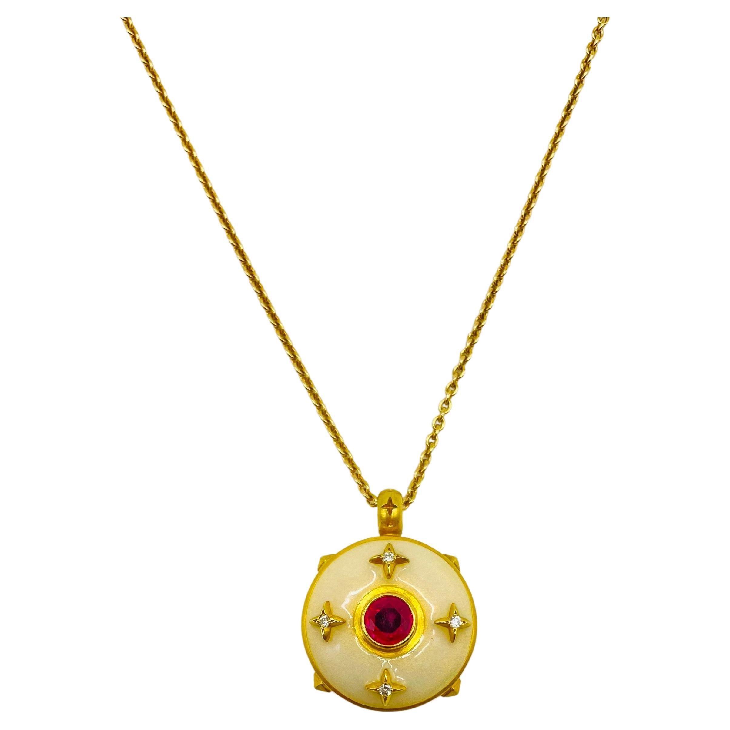 Art Deco Unique necklace with diamonds ruby and enamel in 18k yellow gold For Sale