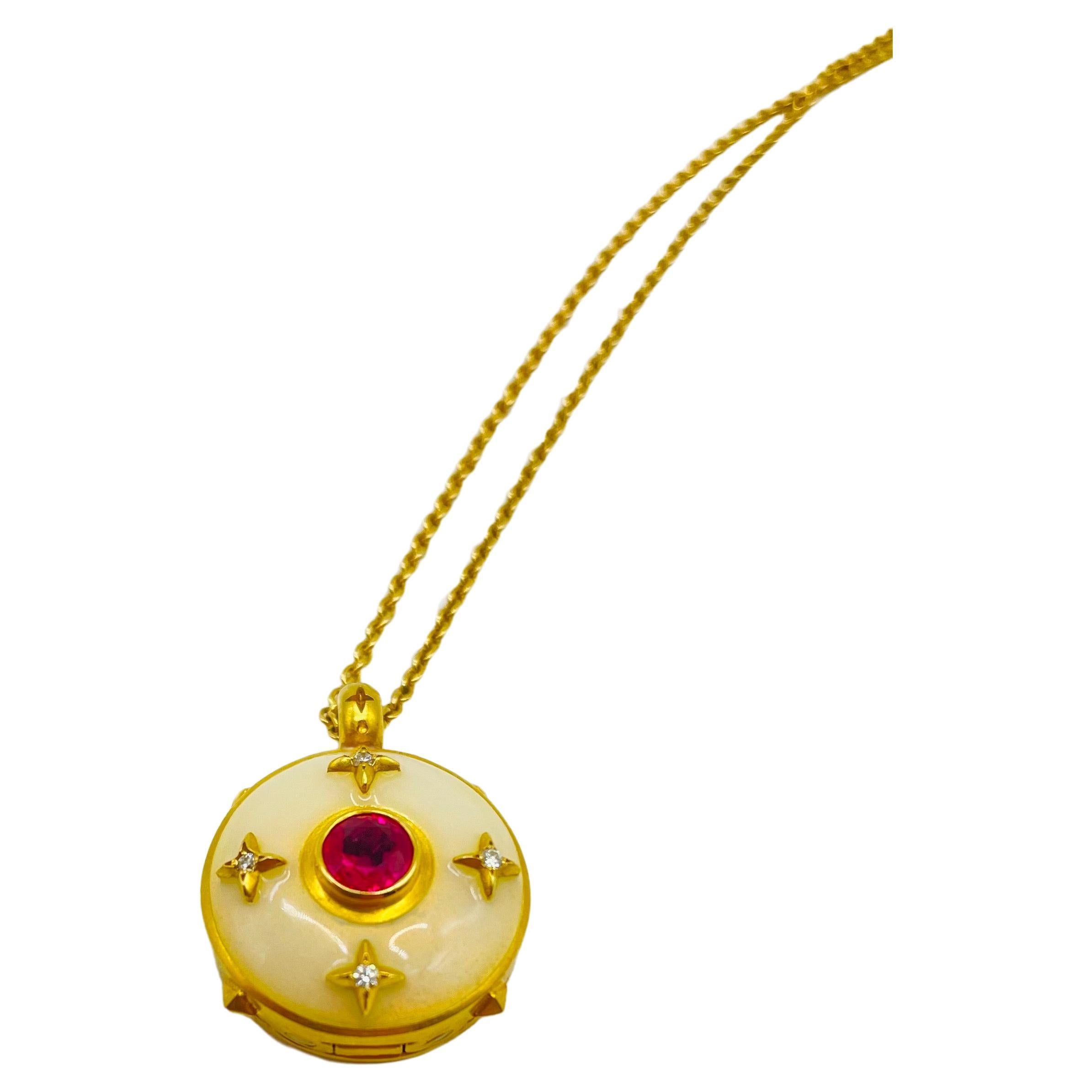 Brilliant Cut Unique necklace with diamonds ruby and enamel in 18k yellow gold For Sale