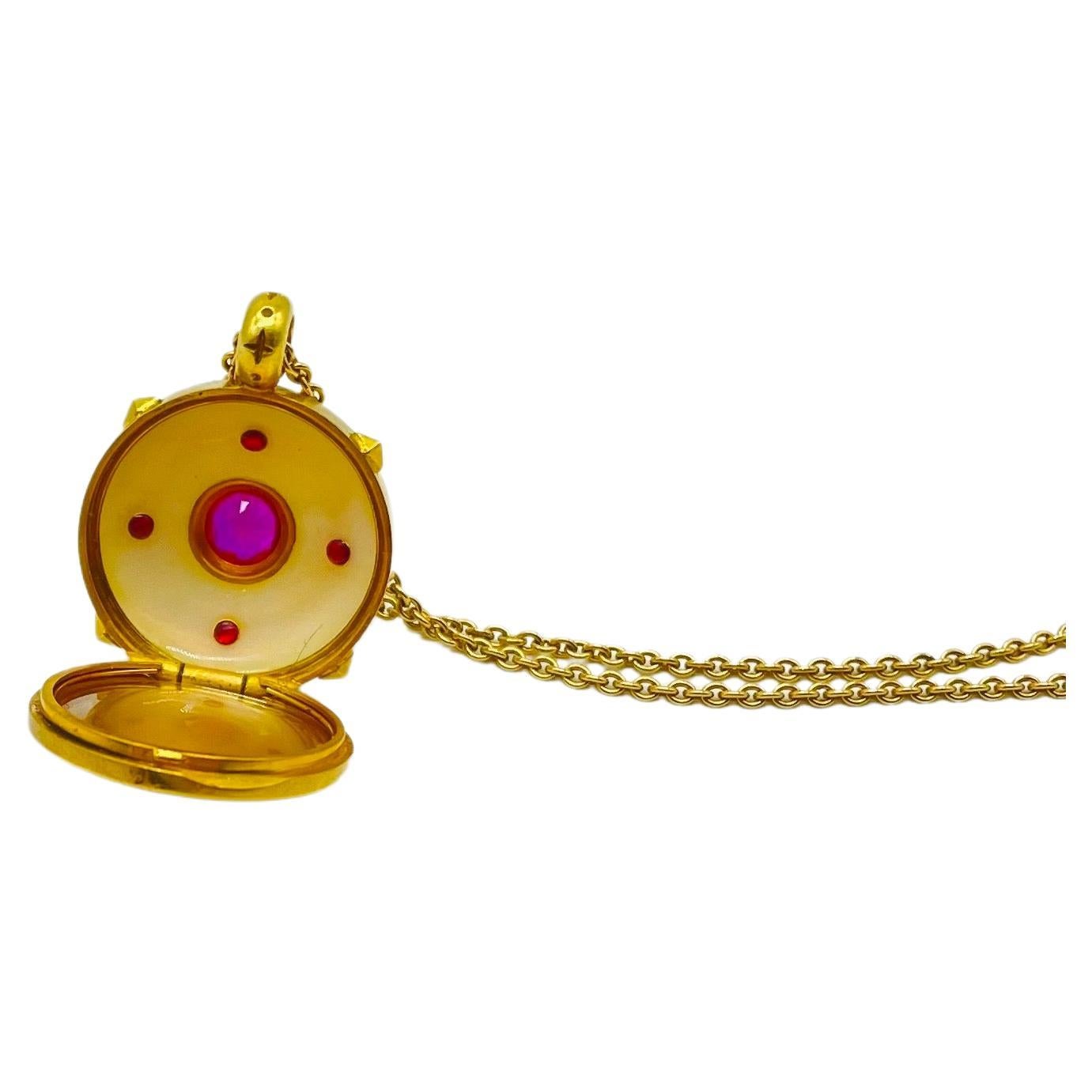 Unique necklace with diamonds ruby and enamel in 18k yellow gold For Sale 1