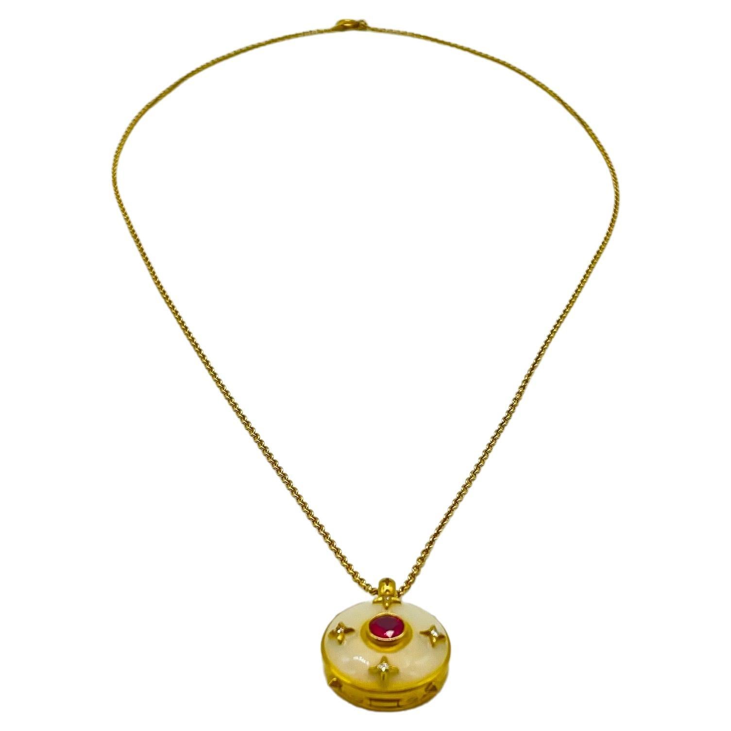 Unique necklace with diamonds ruby and enamel in 18k yellow gold For Sale 3