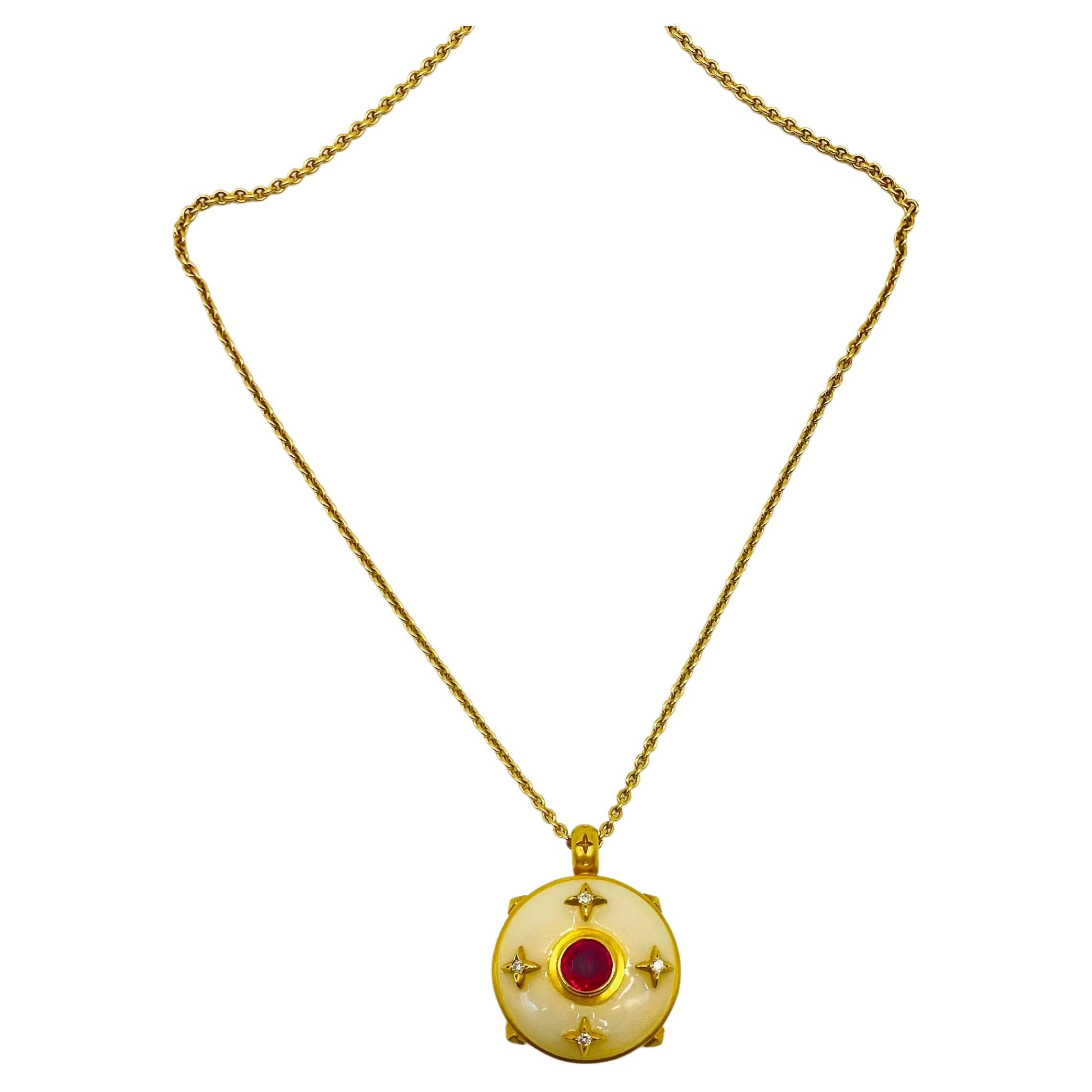 Unique necklace with diamonds ruby and enamel in 18k yellow gold For Sale