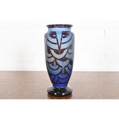 Art Deco Nénuphars Blue Glass Vase by Charles Schneider for Le Verre Français