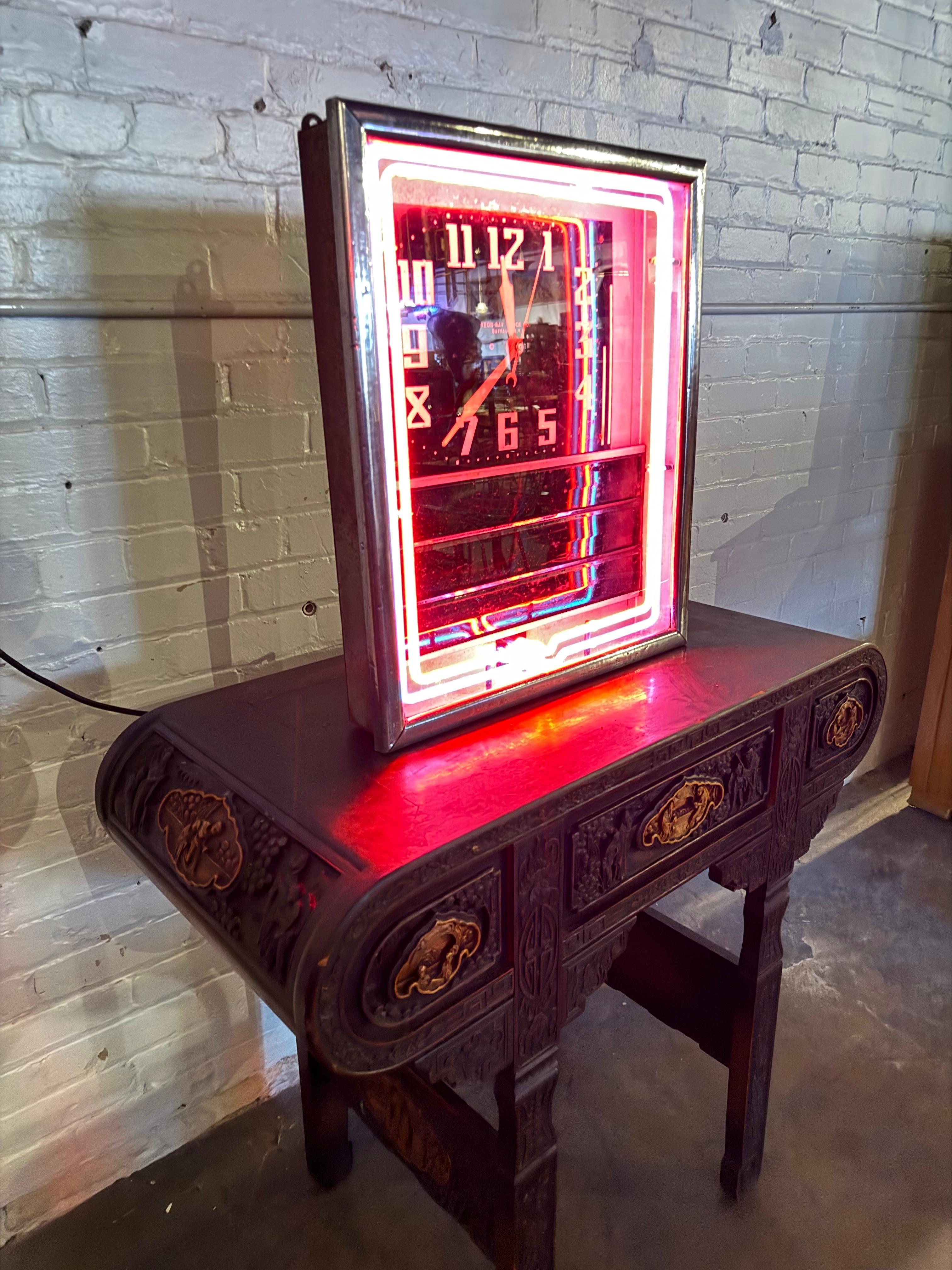 Americano Orologio al neon Art Deco / lavagna per menu. 2 colori. NEON-RAY CLOCK CO , Bflo NY
