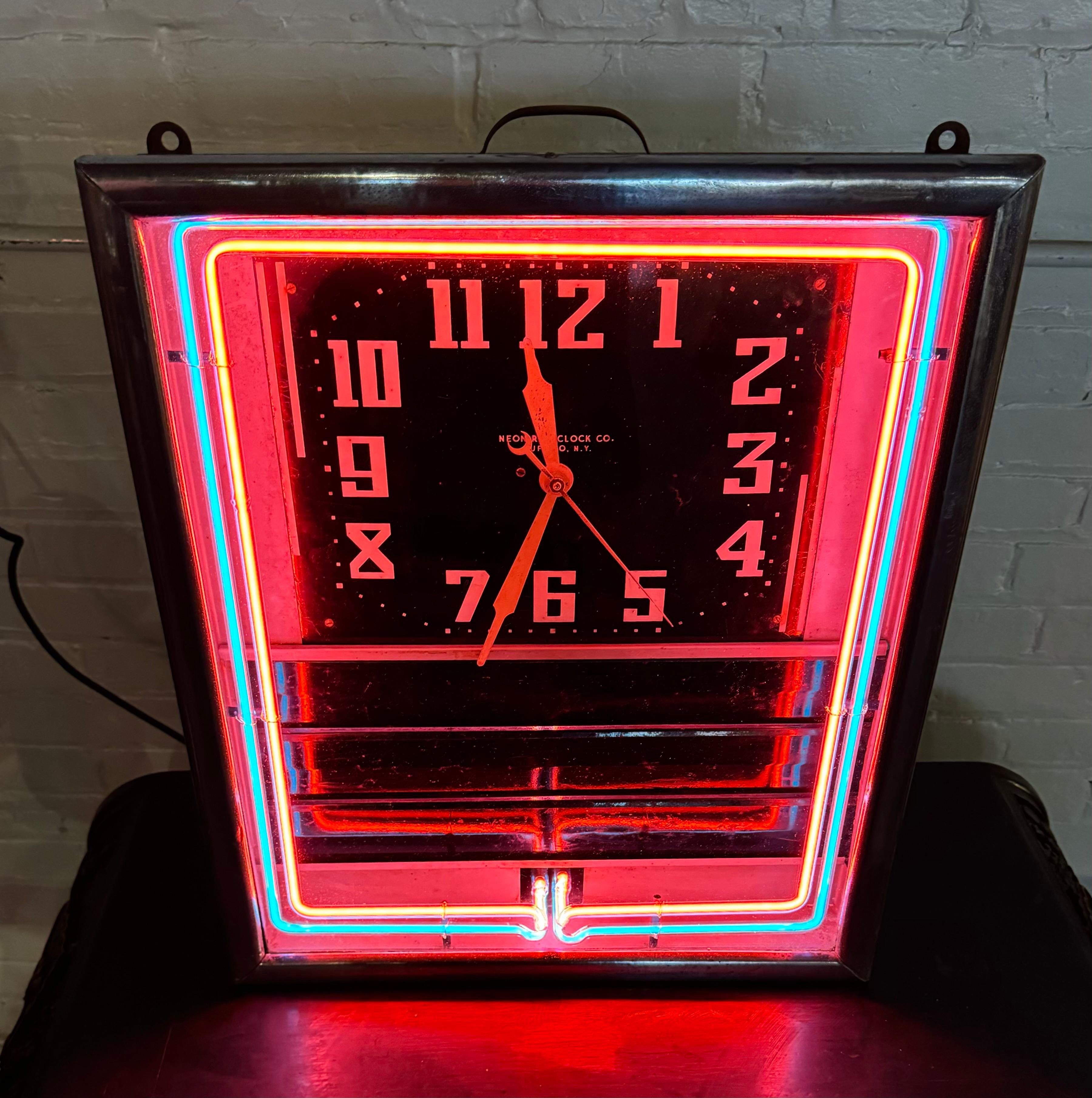 Orologio al neon Art Deco / lavagna per menu. 2 colori. NEON-RAY CLOCK CO , Bflo NY 1