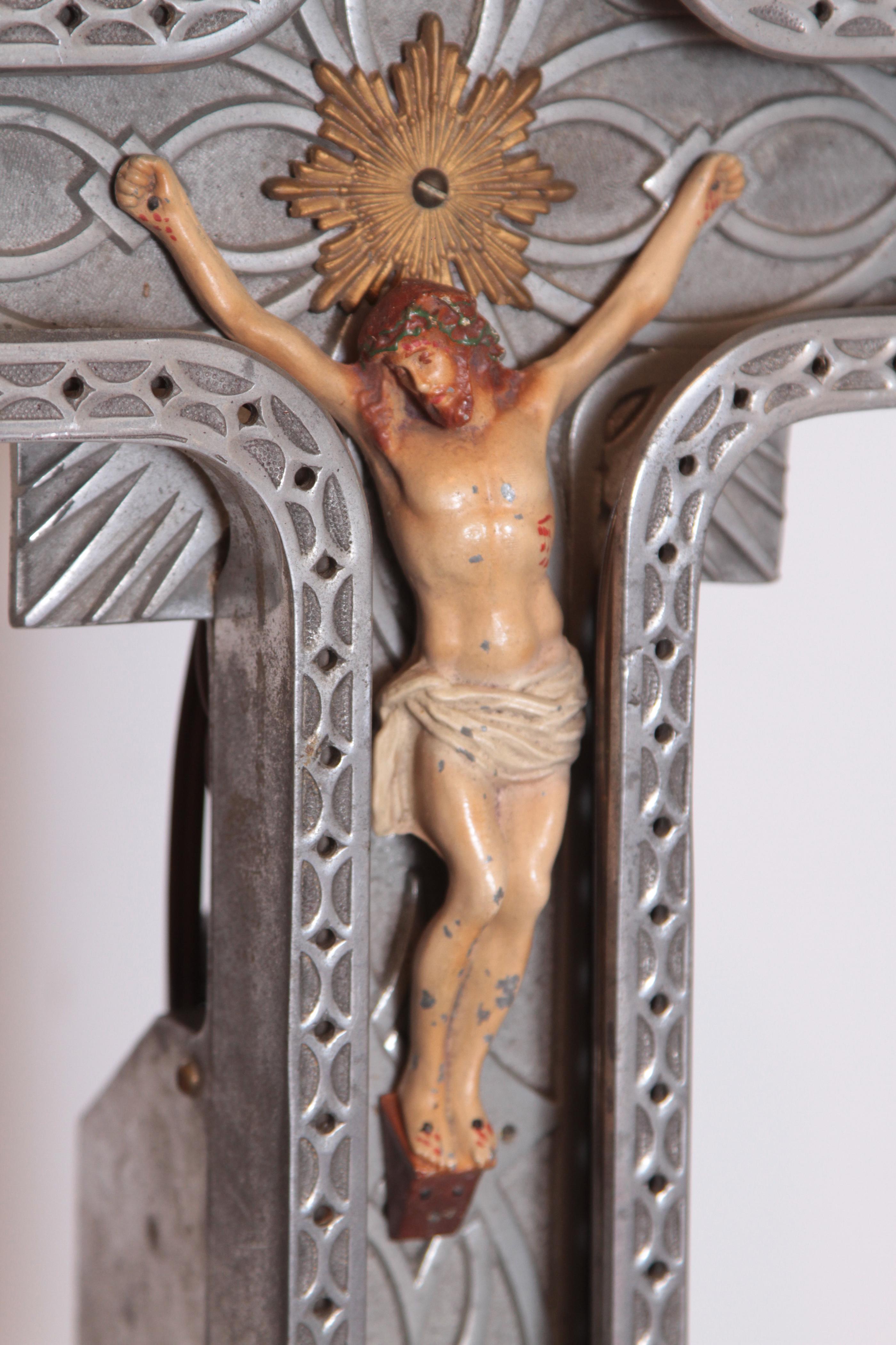 Art Deco Neon Crucifix, Cast Metal, Hand-Painted, with Stand in Case INRI 2