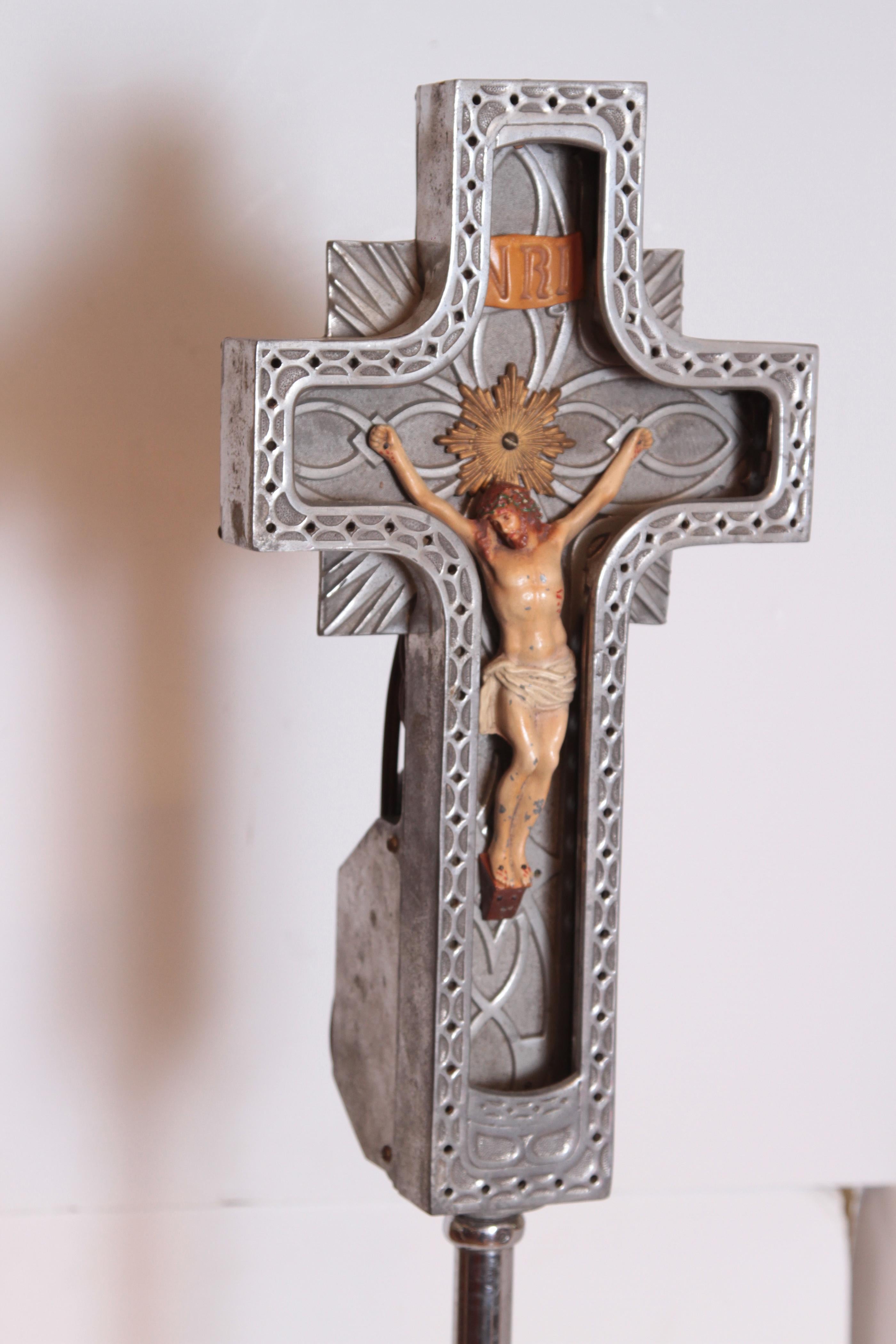 Mid-20th Century Art Deco Neon Crucifix, Cast Metal, Hand-Painted, with Stand in Case INRI
