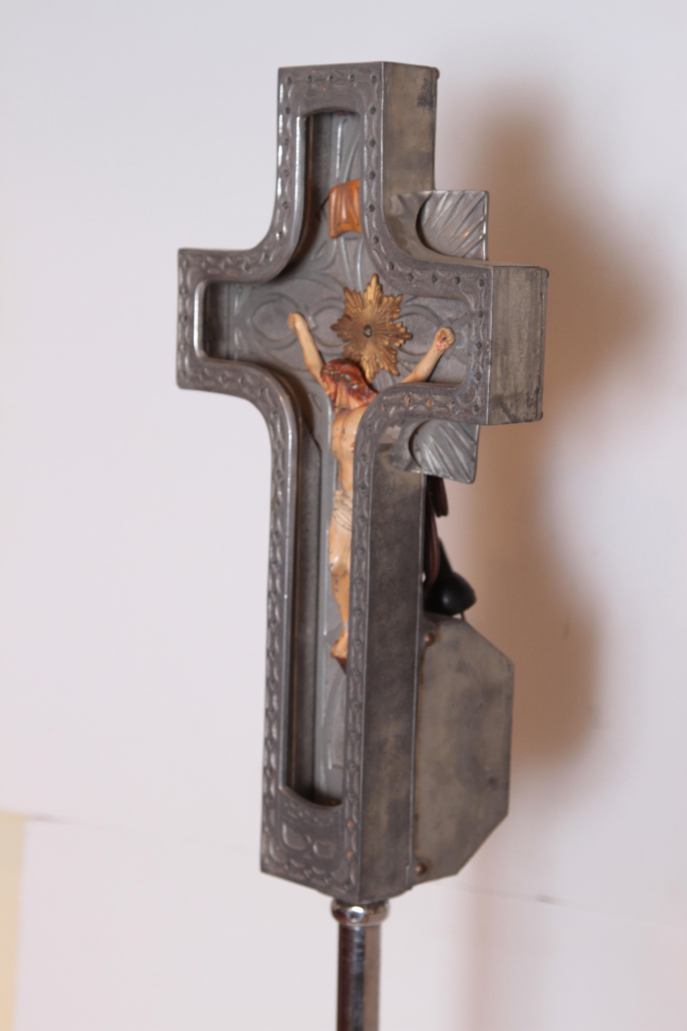 Art Deco Neon Crucifix, Cast Metal, Hand-Painted, with Stand in Case INRI 1