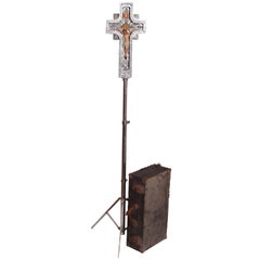 Art Deco Neon Crucifix, Cast Metal, Hand-Painted, with Stand in Case INRI