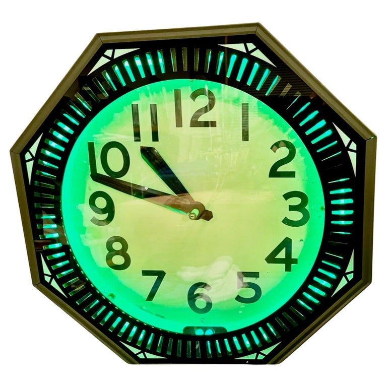 Art Deco Neon Hexagon Vintage Wall Clock with Spinner For Sale at