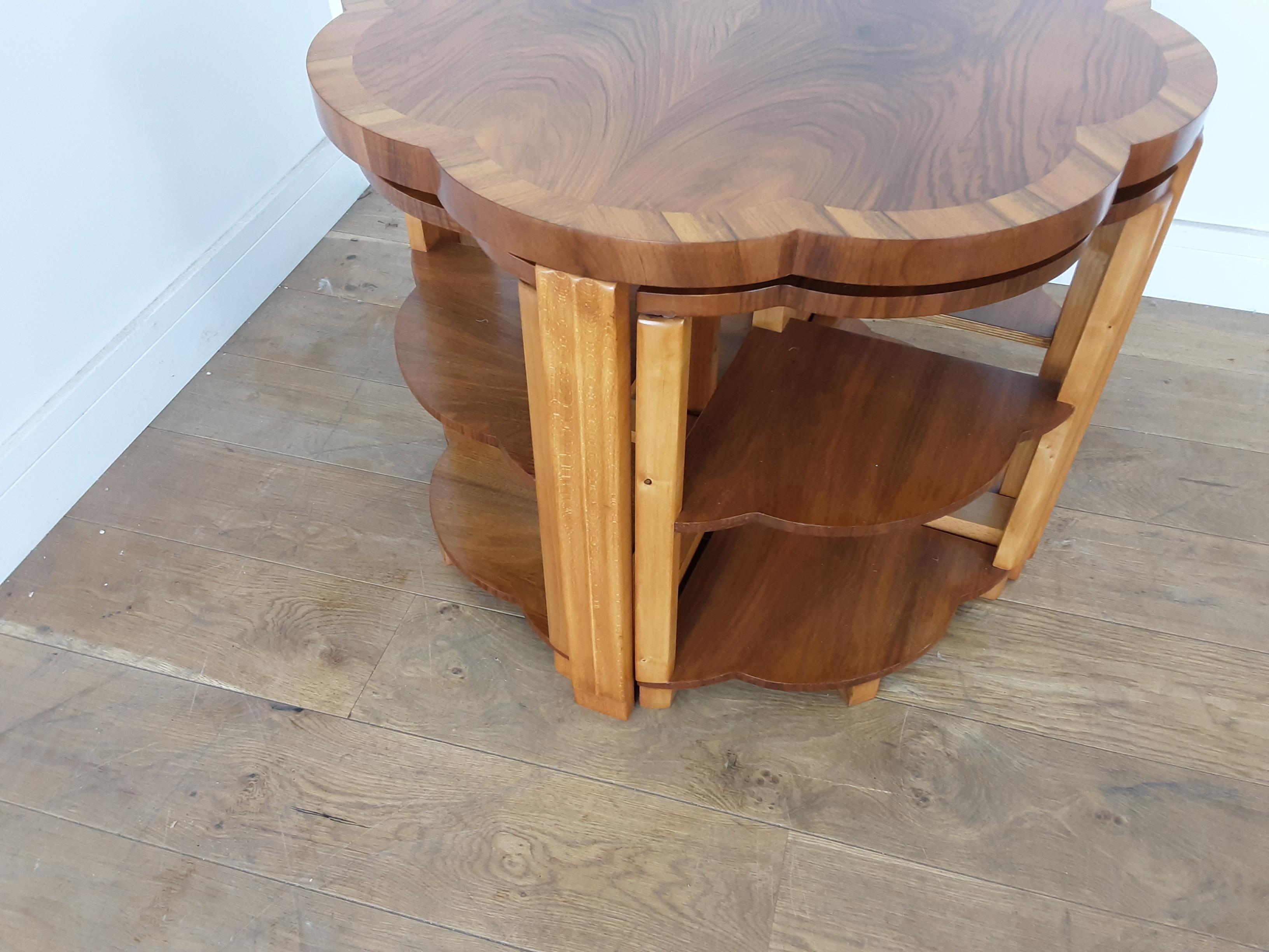 British Art Deco Nest of Tables by Harry and Lou Epstein in a Brown Butterfly Walnut